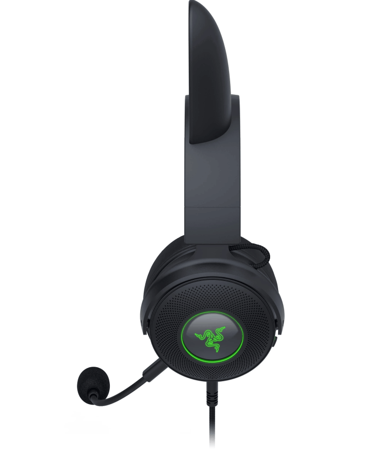 Auriculares Razer negros con micrófono, fondo oscuro.