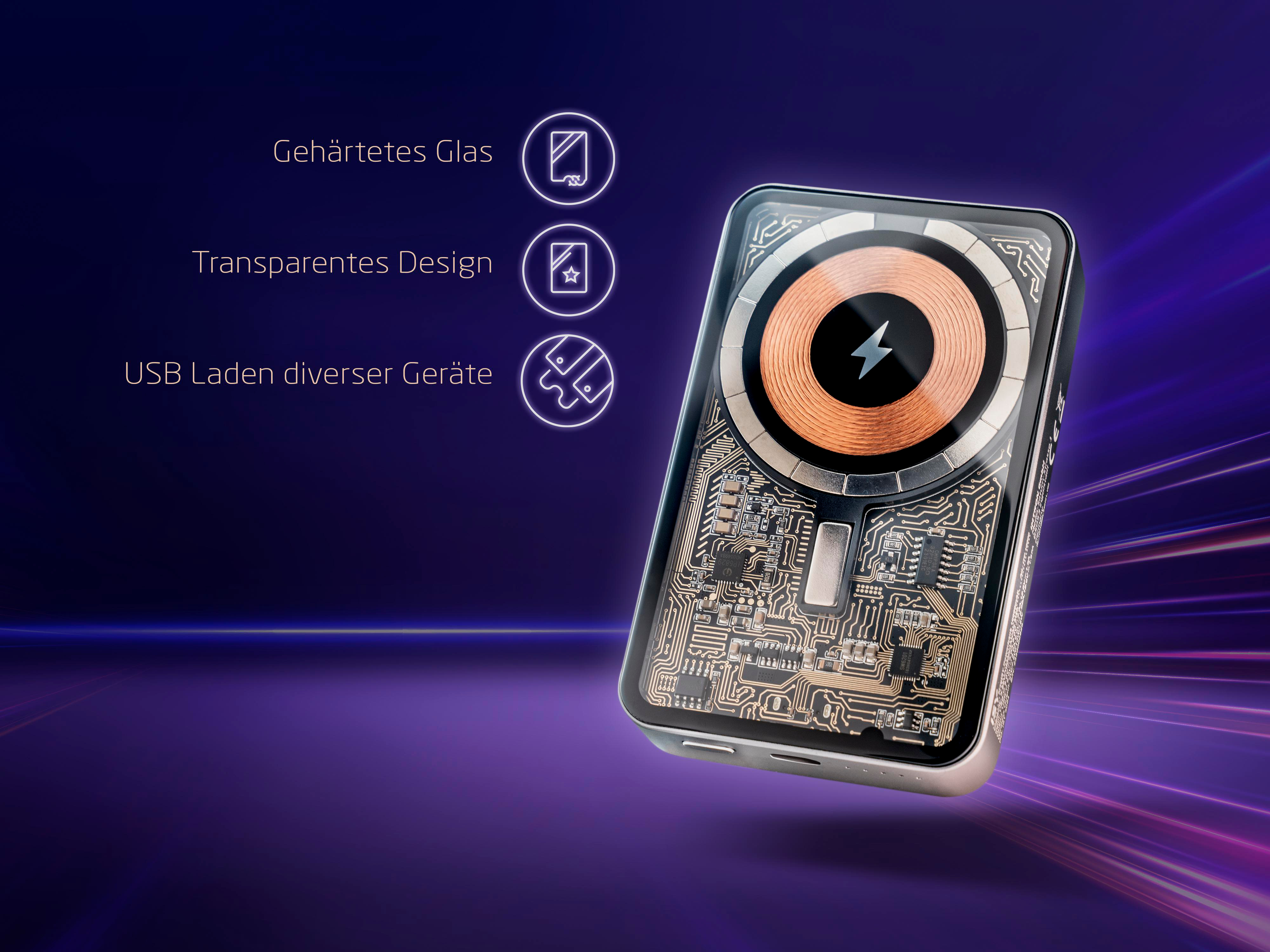 Ein Telefonladegerät mit Glasfront, einer Kupferspule und einem Leiterplatten-Design.