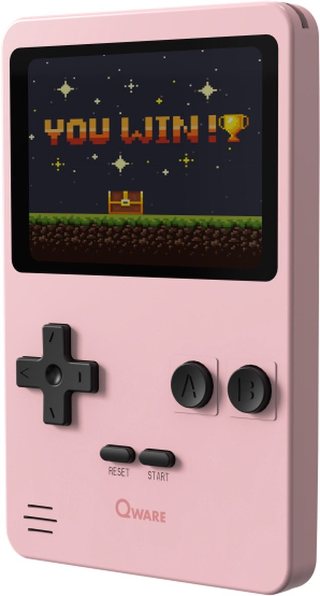 Console de jeu portable rose affichant un message pixélisé 'YOU WIN!'.