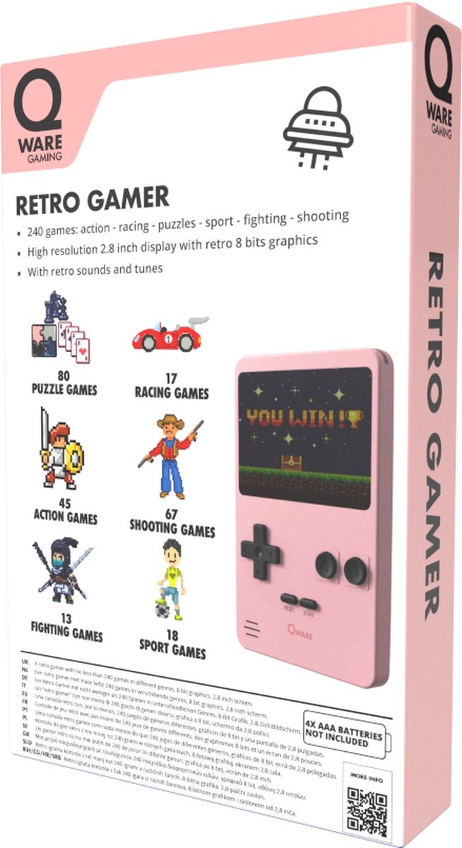 Boîte de console de jeu rétro rose avec images de jeux et texte.