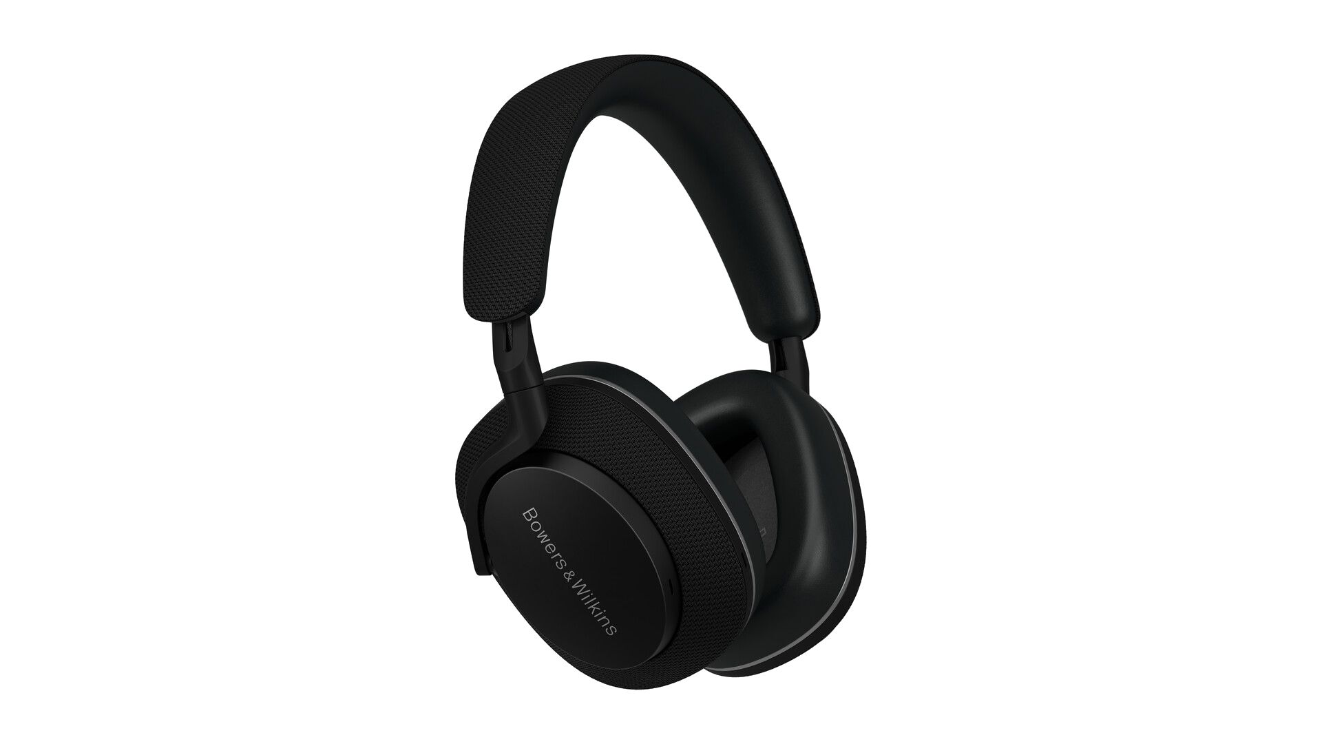 Schwarze Bowers & Wilkins Kopfhörer auf schwarzem Hintergrund, leicht nach rechts geneigt.