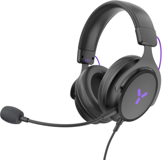 Fekete gamer headset lila színnel. Hajlékony mikrofonja és lila ISY logója van.