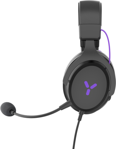 Fekete és lila gamer headset mikrofonnal, fekete háttéren.