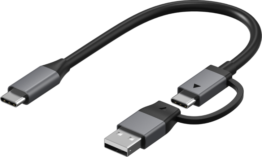 Egy fekete-szürke kábel, egy USB-vel és két USB-C csatlakozóval, adatátvitelhez és töltéshez.