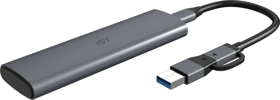Szürke USB-C adapter, fekete kábellel és USB csatlakozóval.