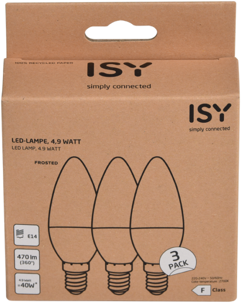 Egy kartondoboz, amely három LED-es izzót tartalmaz. A dobozon az "ISY" felirat látható.
