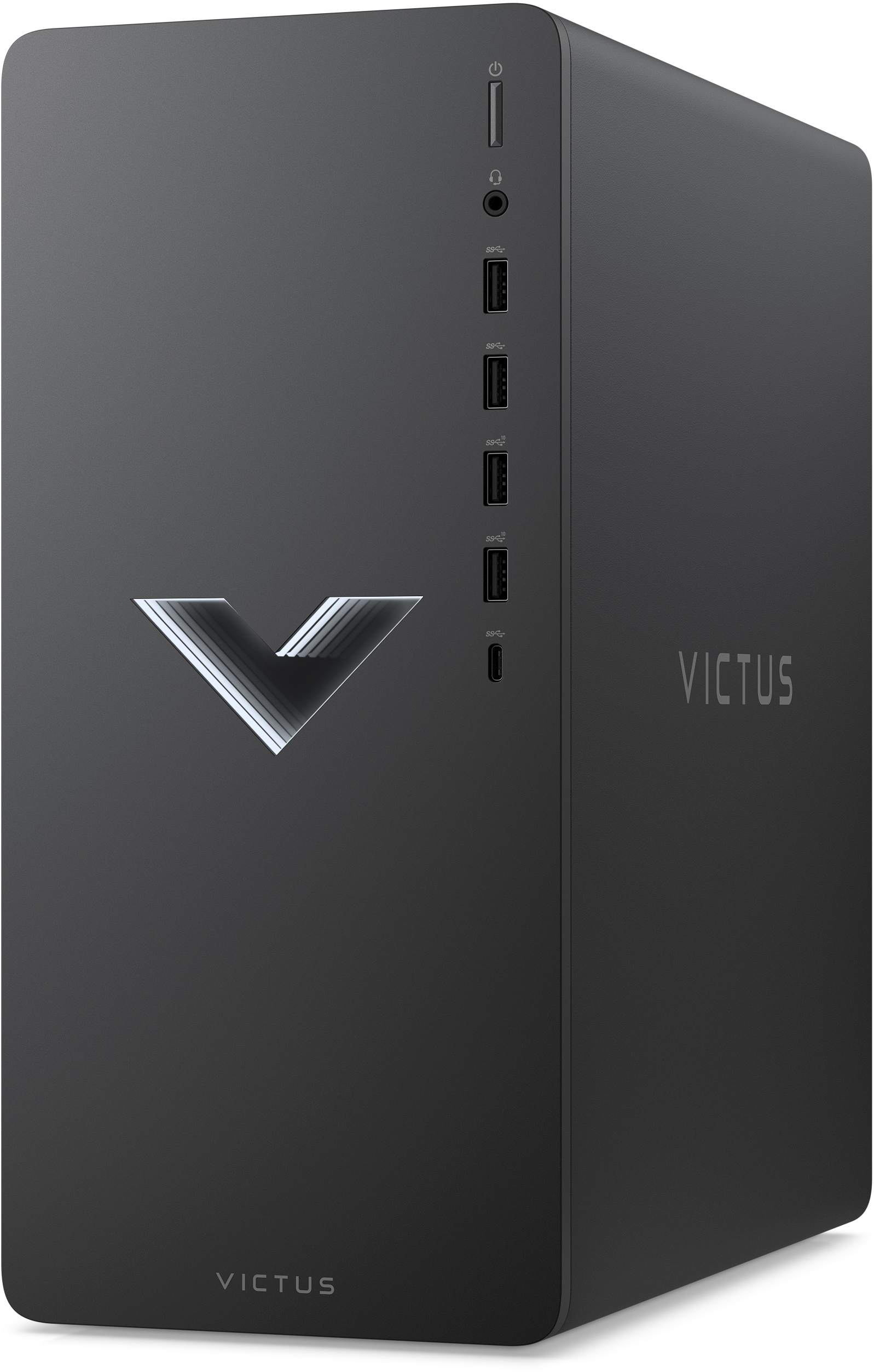 Schwarzer Desktop-Computer-Tower mit dem Wort 'VICTUS' auf der Vorderseite. Hat mehrere Anschlüsse und Knöpfe.