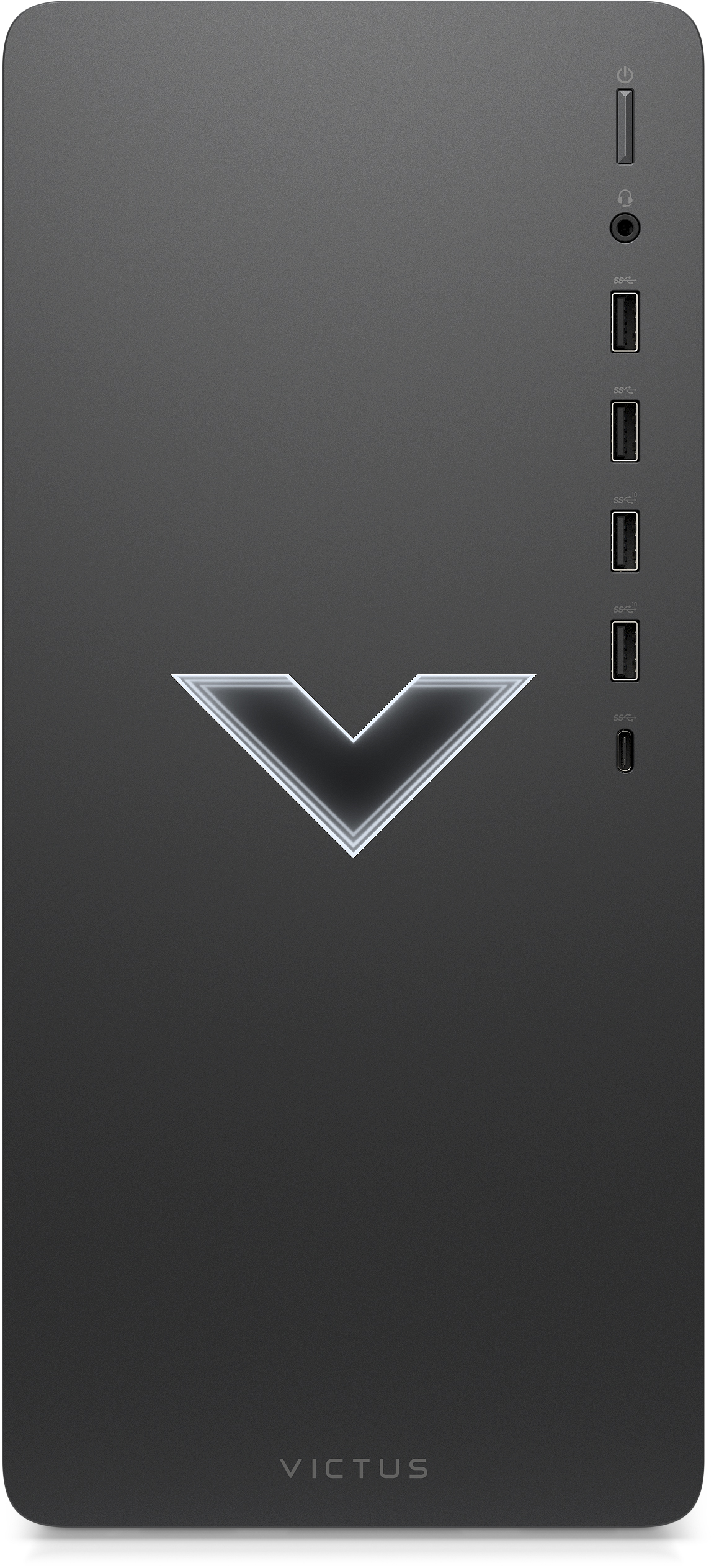 Ein schwarzer Computerturm mit dem Victus-Logo und Anschlüssen oben und vorne.