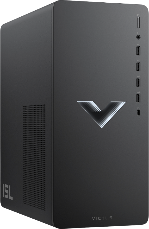 Schwarzer Victus 15L Desktop-PC mit V-Logo und Anschlüssen. Modernes, schlankes Design.