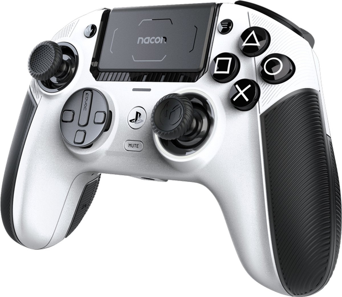 Manette de jeu blanche et noire avec boutons, joysticks et pavé tactile.