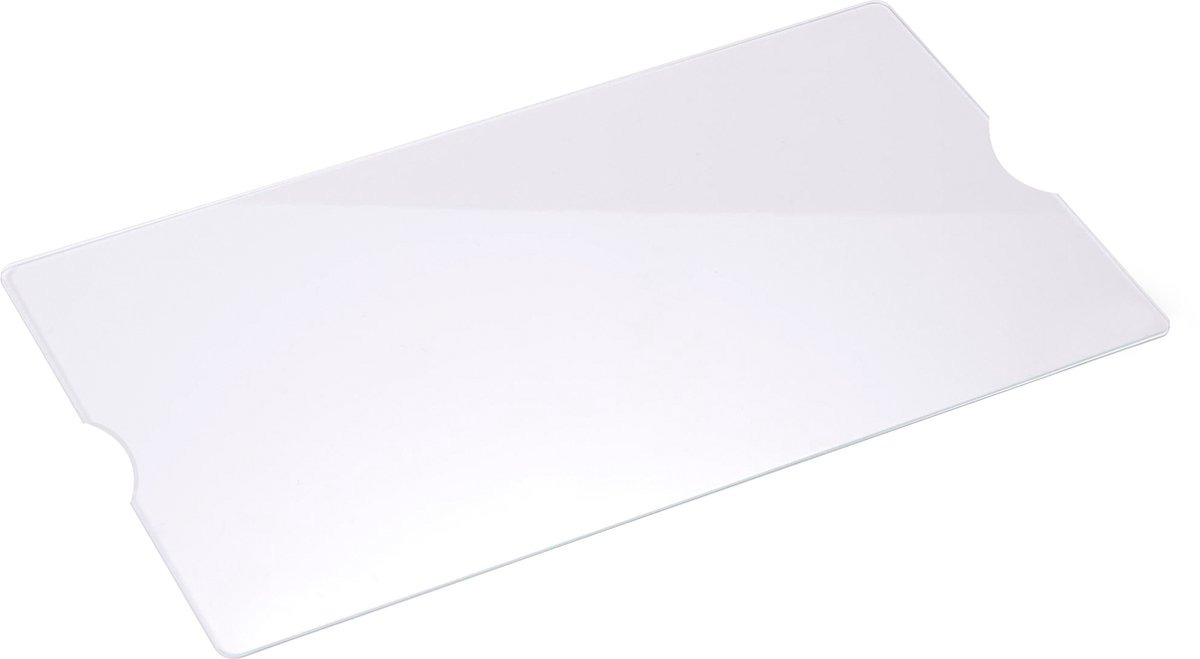 Clear plastic screen protector for a device, on a white background.