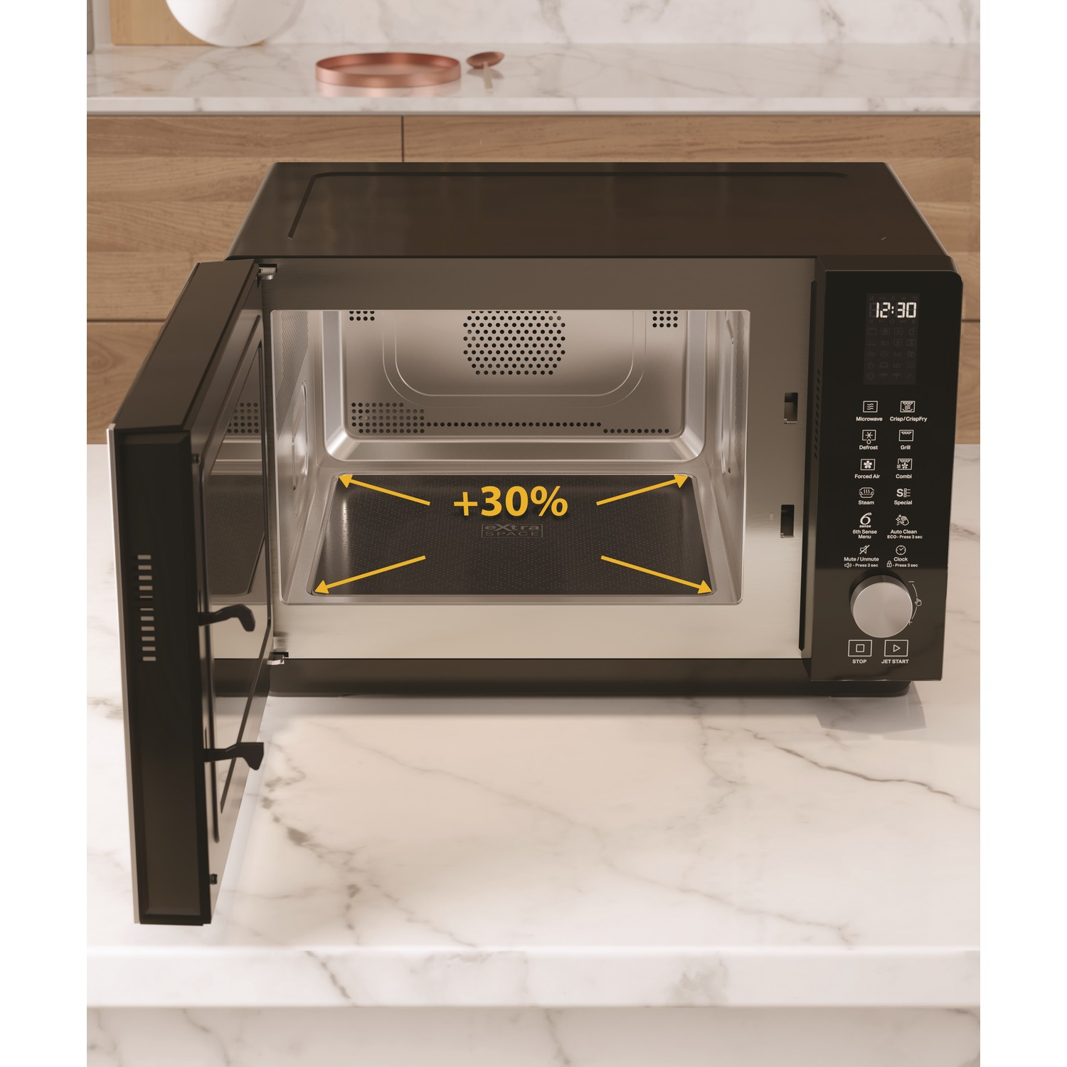 Magnetron open, met tekst: +30%, toont interieur en bedieningspaneel rechts.