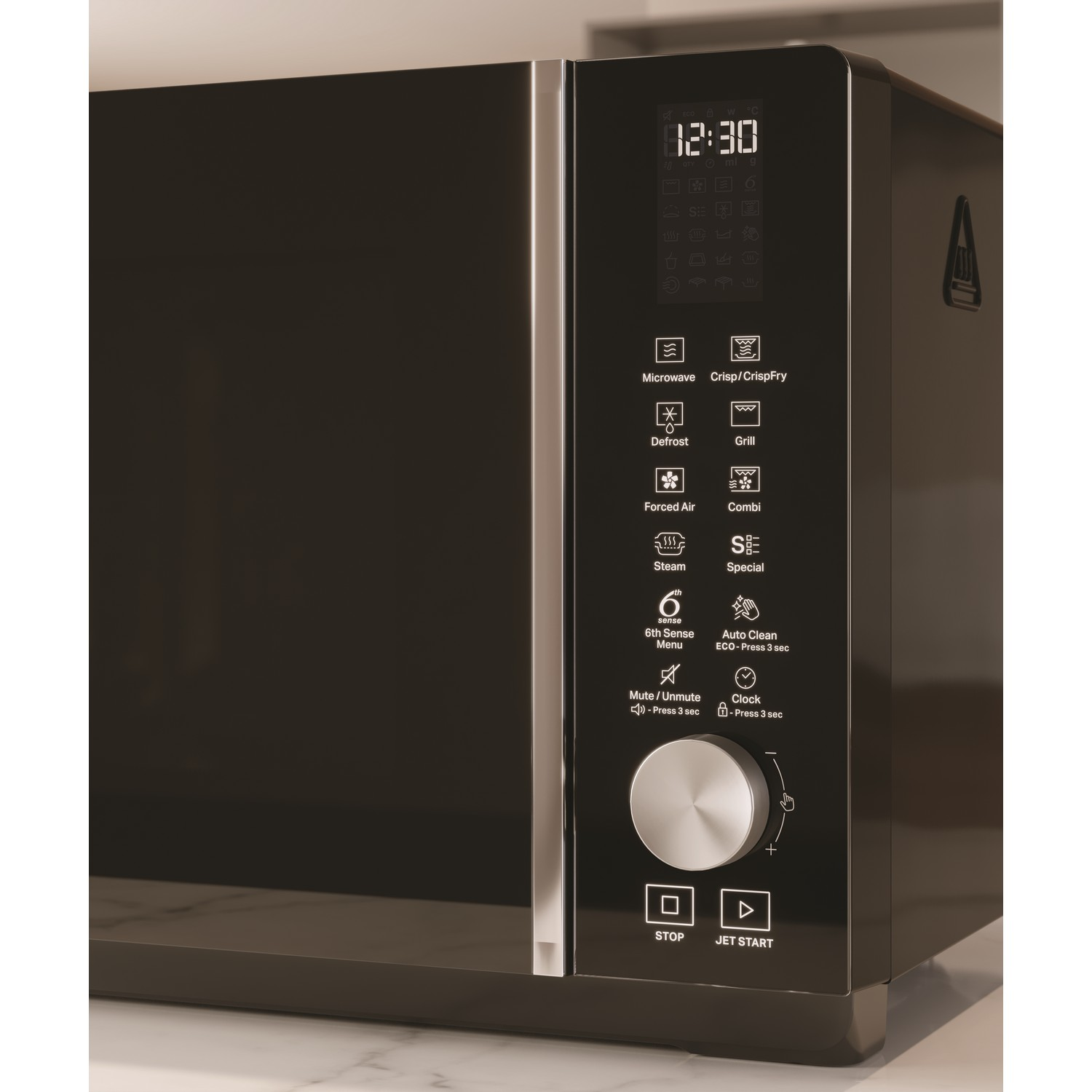Black microwave oven showing a digital display and control panel.