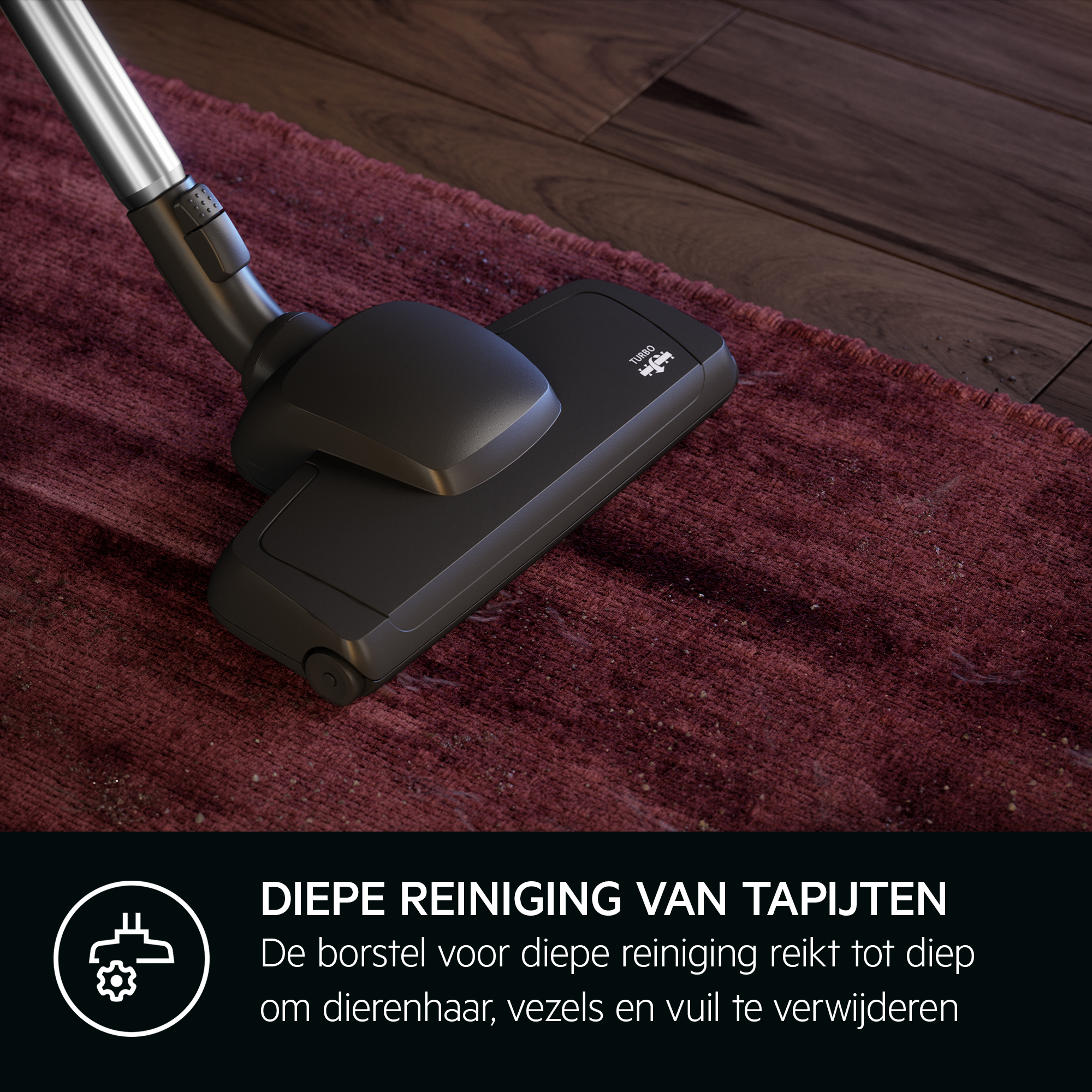 Stofzuigerkop op een rood tapijt, dieptereiniging promotend.