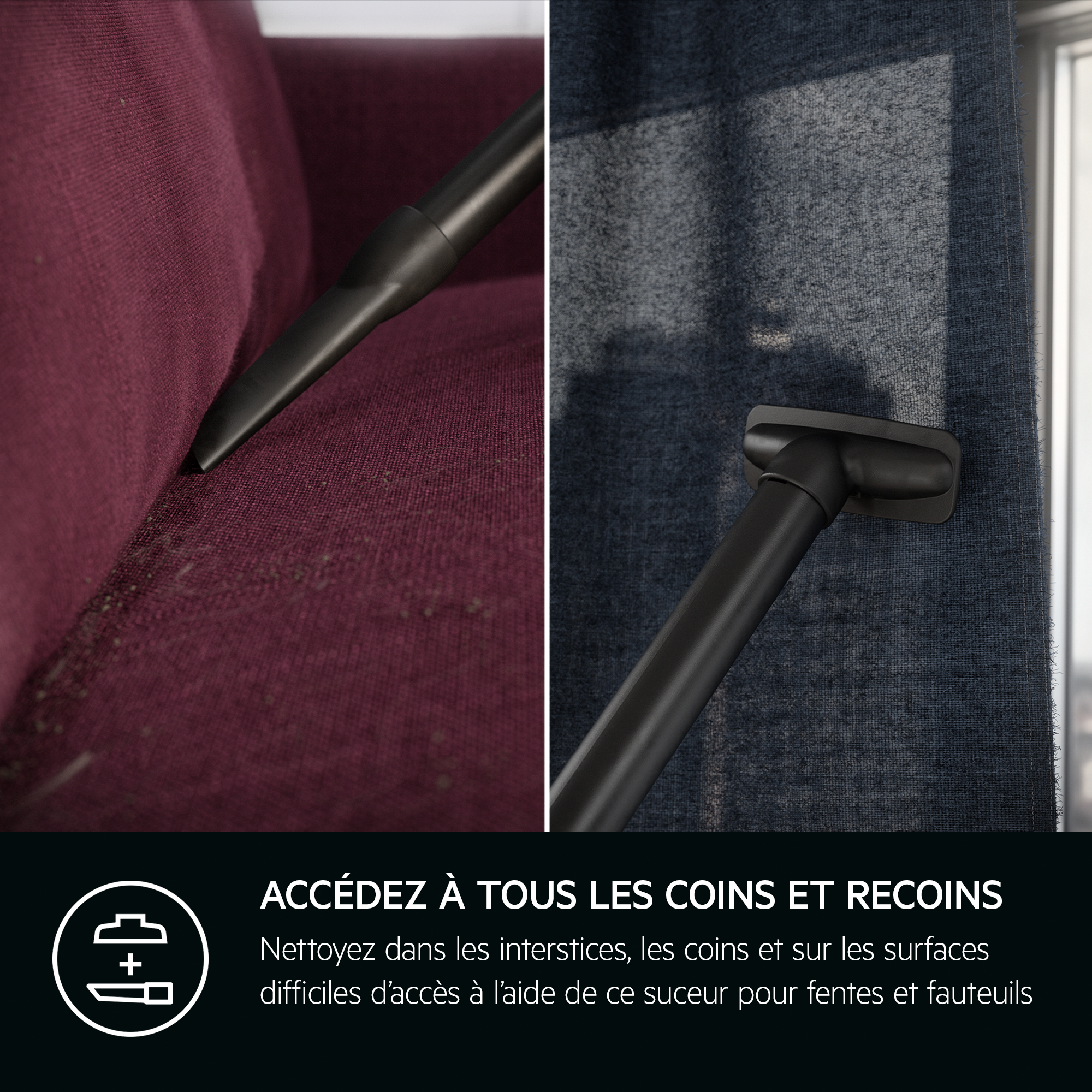 Aspirateur avec une buse nettoyant un canapé bordeaux. L'encart montre un rideau en cours de nettoyage.