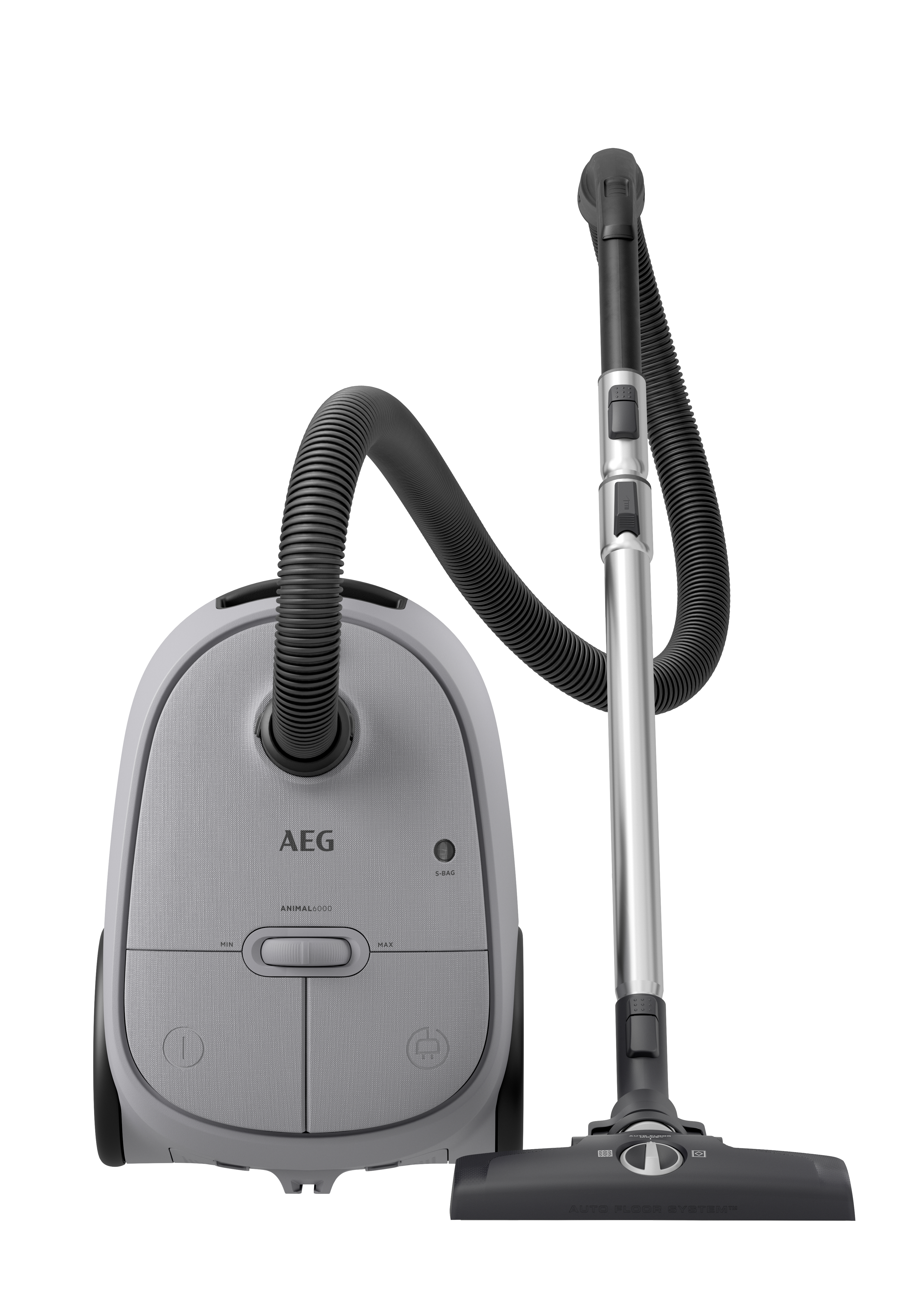 Aspirateur AEG gris avec une longue poignée et une buse.