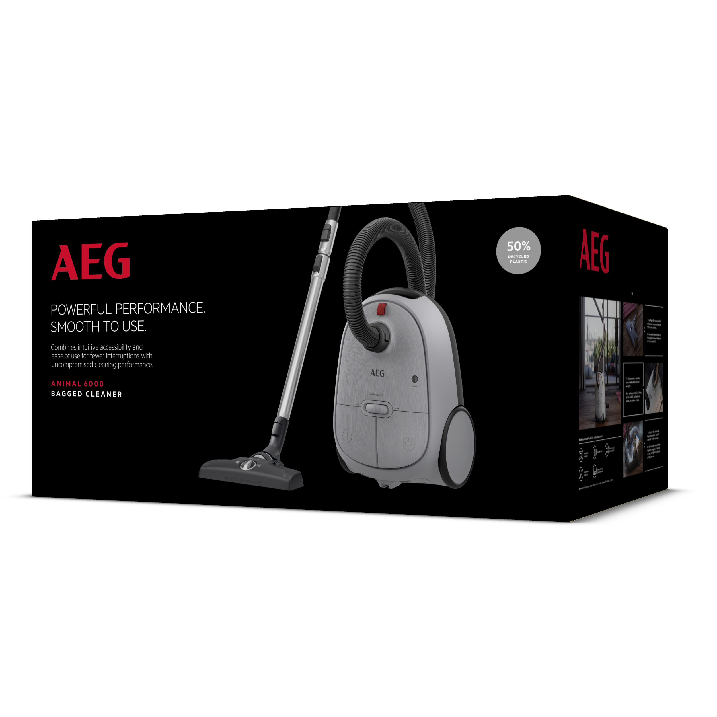 Boîte d'aspirateur. Fond noir. Image d'aspirateur. Texte blanc. Logo AEG.