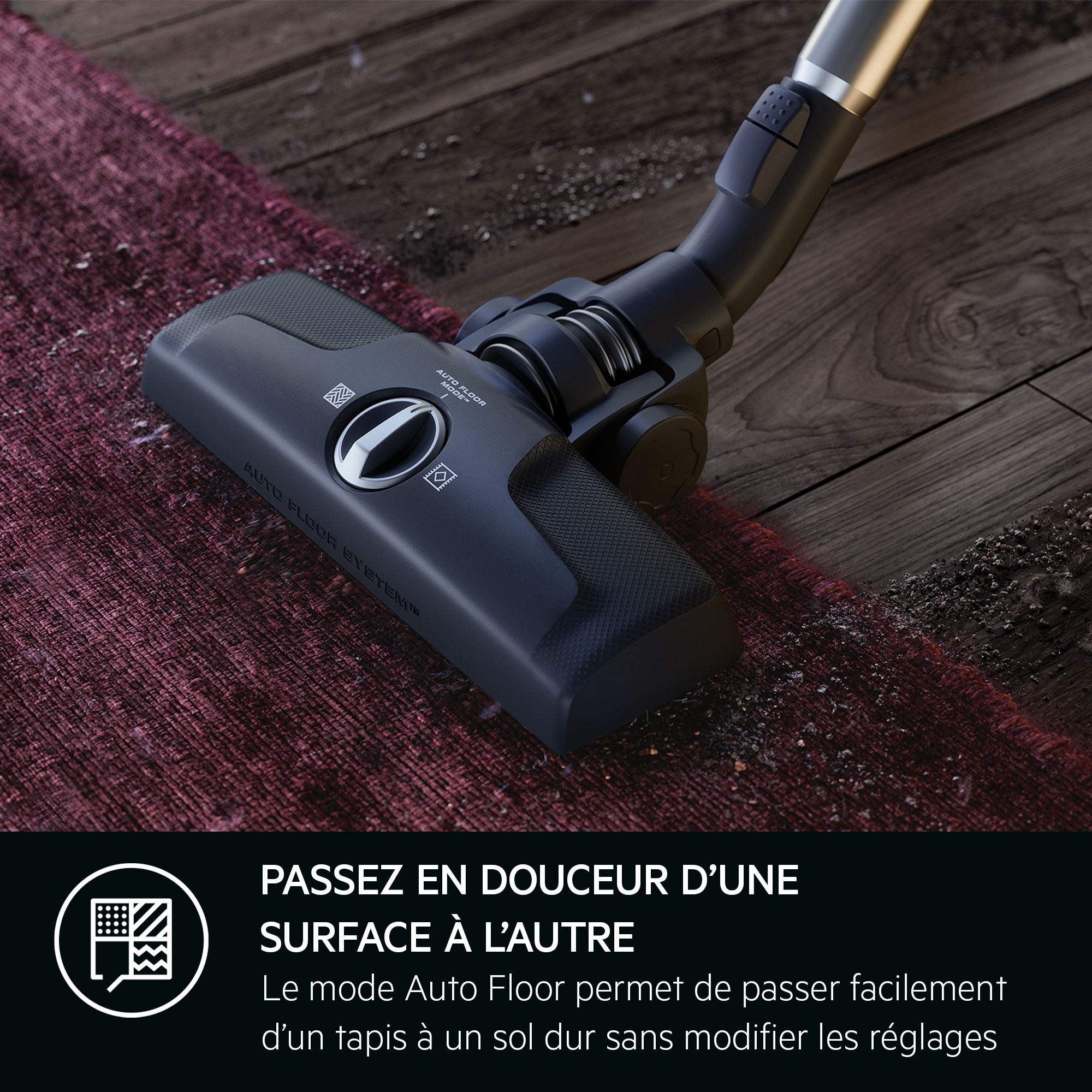 Tête d'aspirateur sur un tapis rouge, avec texte en français promouvant une transition facile des surfaces.