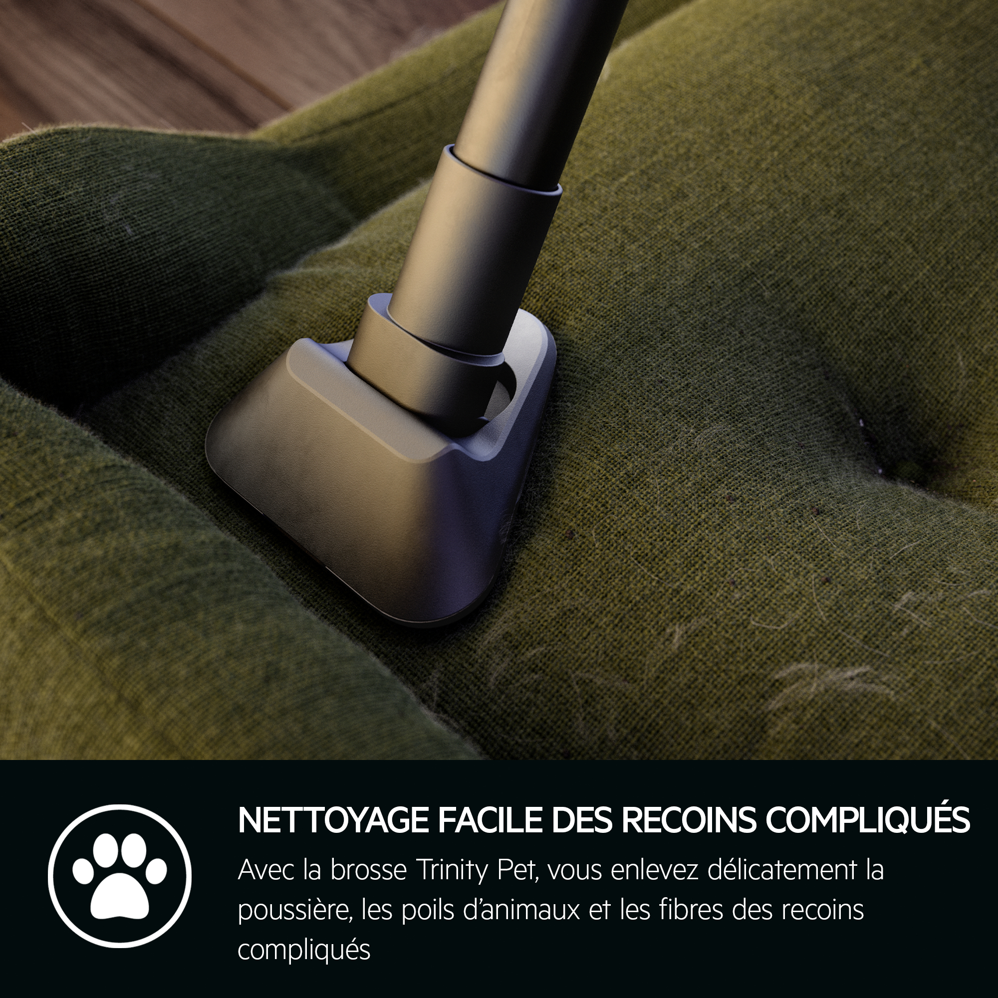 Une tête d'aspirateur nettoyant un coussin vert, avec du texte sur le nettoyage.