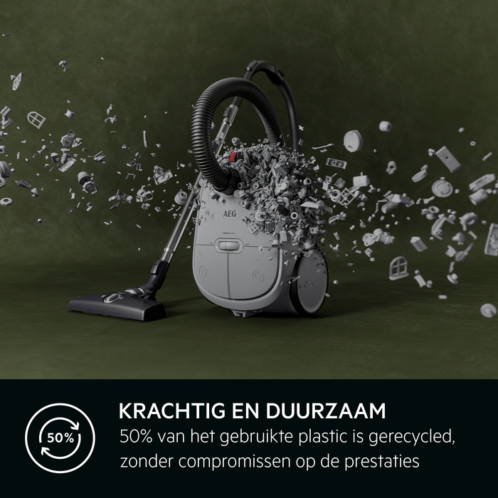 Stofzuiger met ontplofte onderdelen, met de tekst: Krachtig en duurzaam.