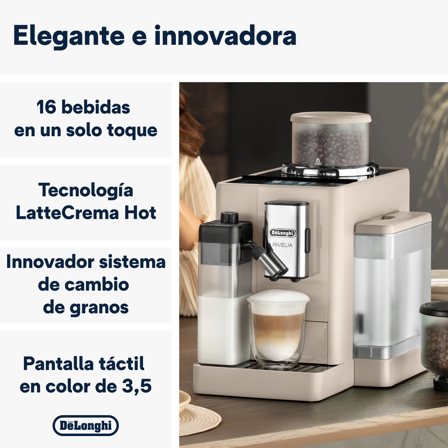 Una cafetera con texto en español, mostrando características y una taza de café.