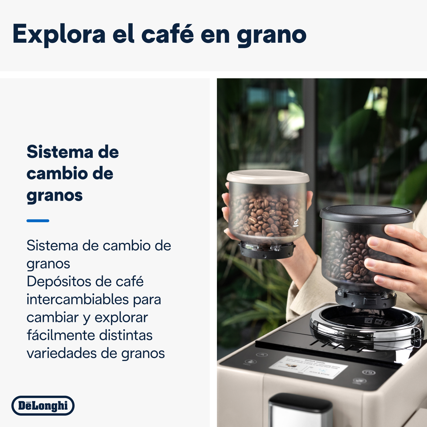 Imagen de una cafetera con contenedores de granos intercambiables.