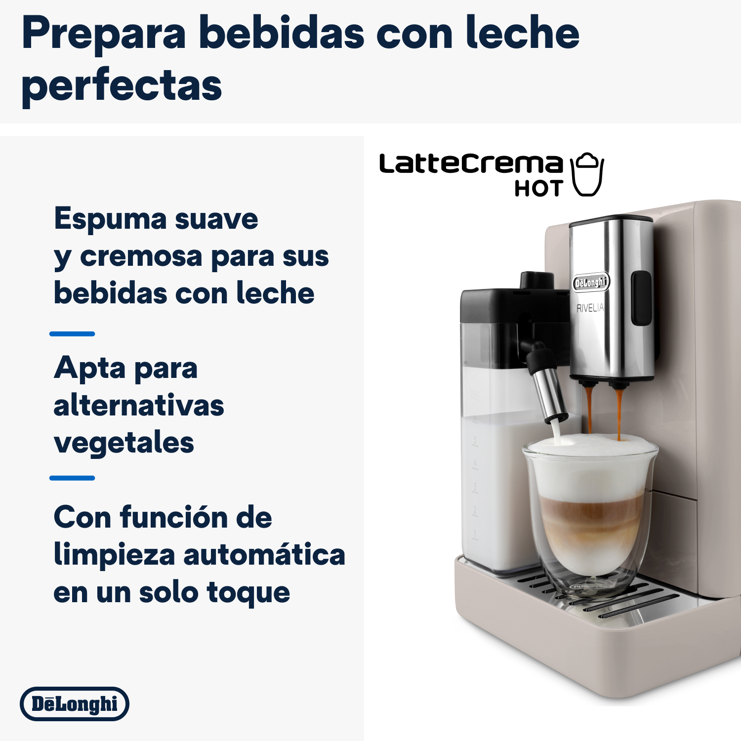 Cafetera con un vaso de café en capas, con texto en español.