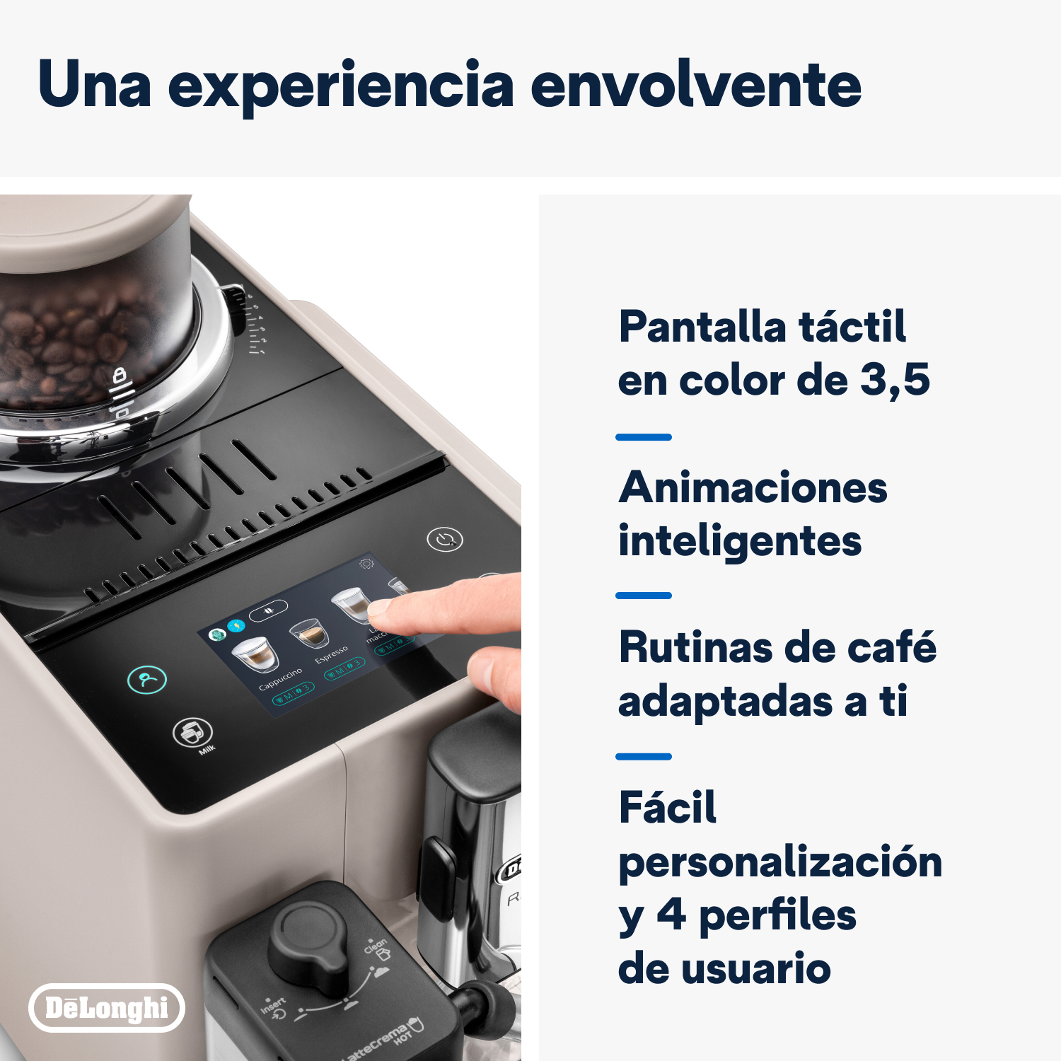 Cafetera con pantalla táctil, mostrando opciones de café. Usuario interactúa con ella.