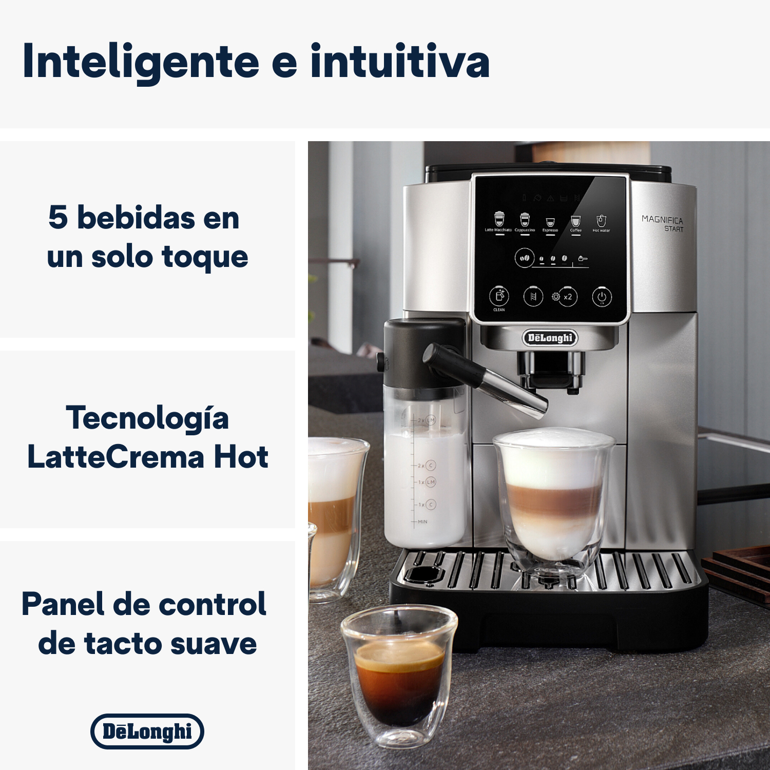 Cafetera con dos vasos de café. La máquina tiene una pantalla táctil.