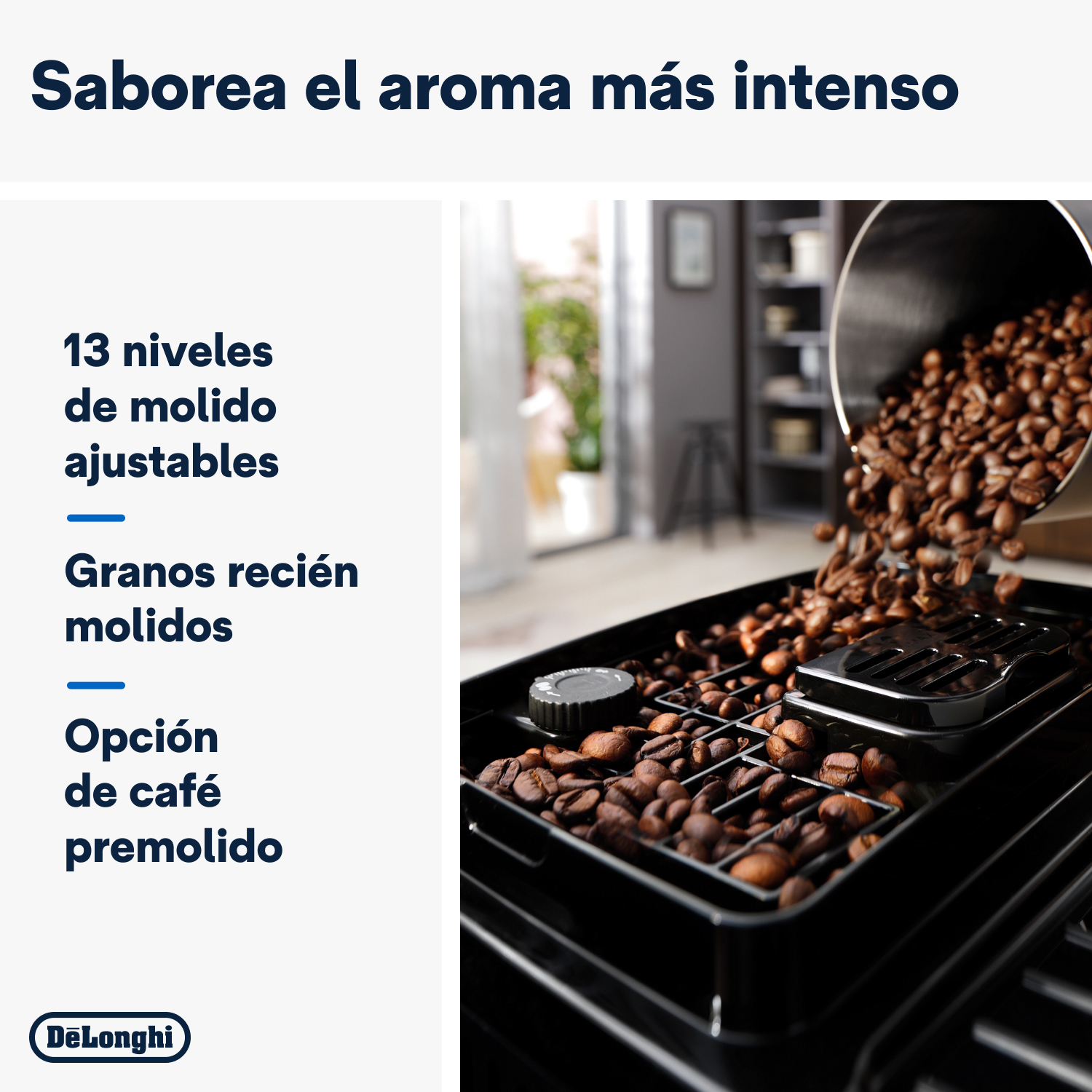 Granos de café vertiéndose en una máquina con texto sobre aroma y preparación.