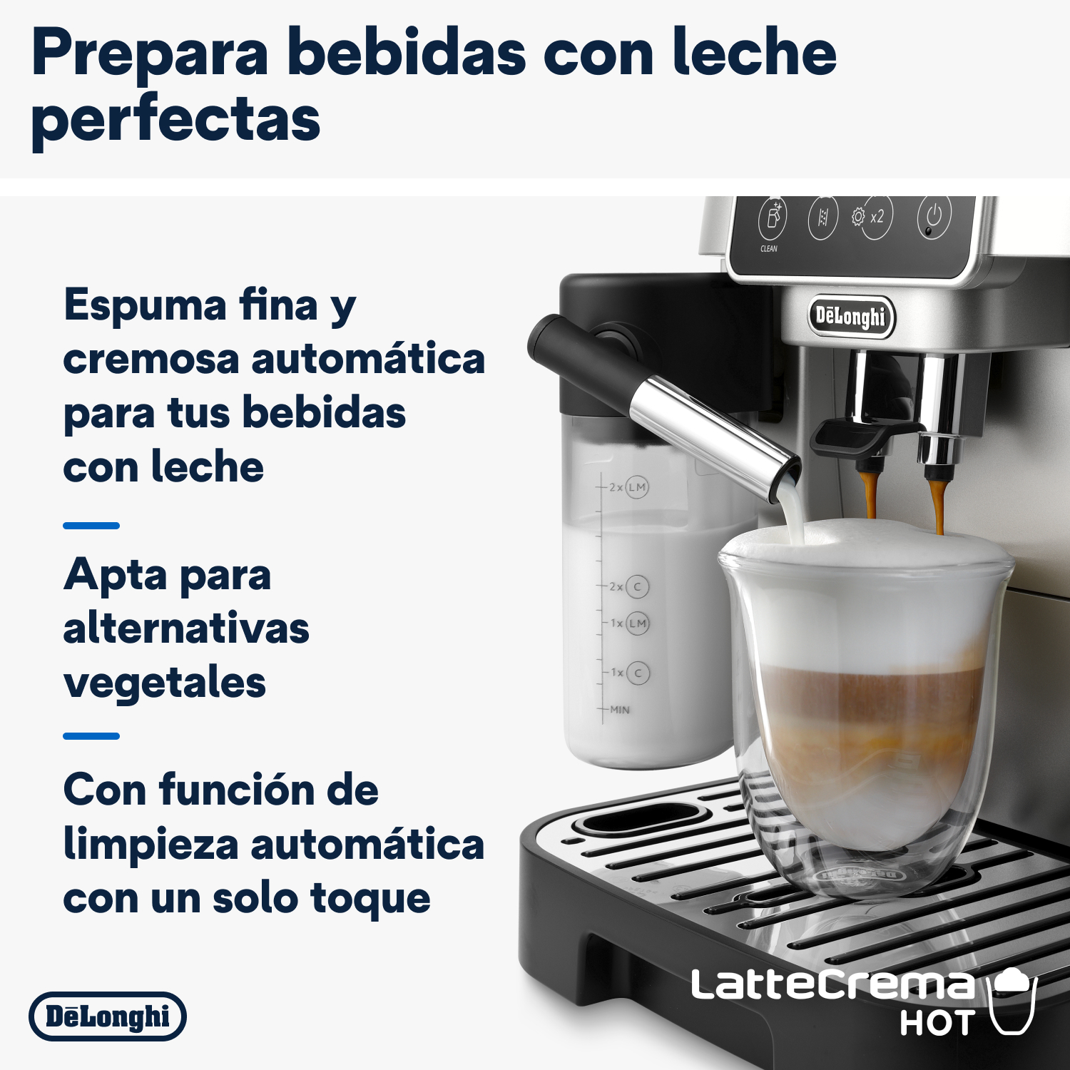 Una cafetera con espumador de leche preparando un latte. Texto incluye 'Espuma fina y cremosa'.