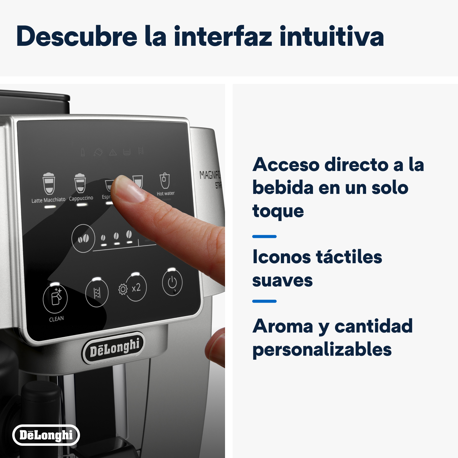 Una interfaz de máquina de café con una mano tocando la pantalla. Tiene iconos.