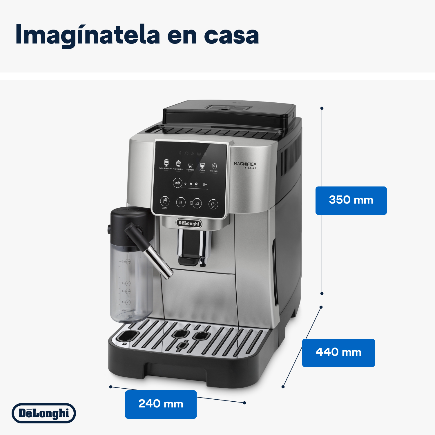 Máquina de espresso DeLonghi Magnifica Start, plata y negro, con dimensiones.