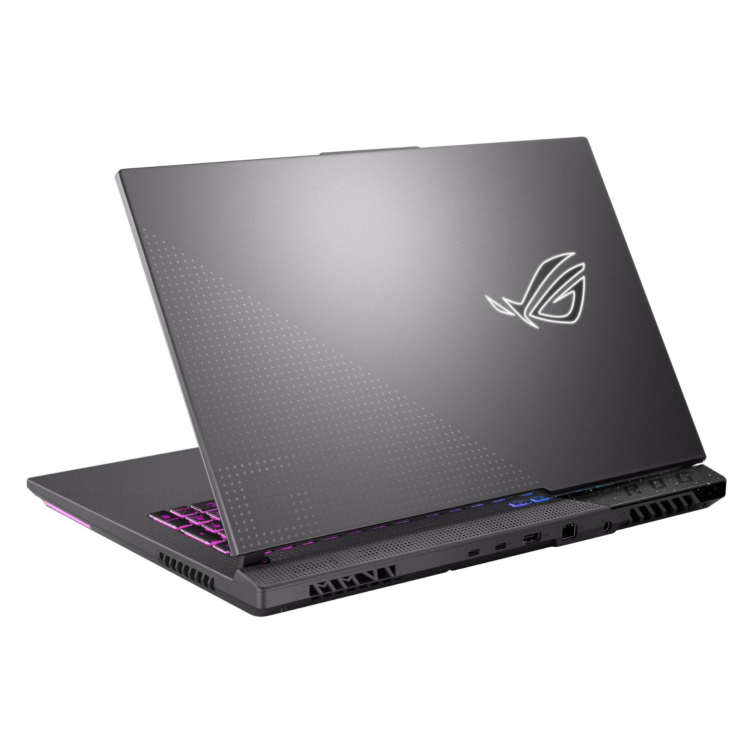 Donkergrijze laptop, achteraanzicht, gedeeltelijk open. Wit logo, stippenpatroon. Witte achtergrond.