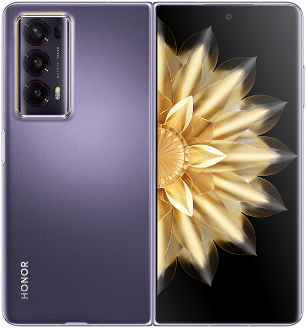 Összecsukható HONOR telefon, lila hátlap és arany virágmintázat a belső képernyőn.