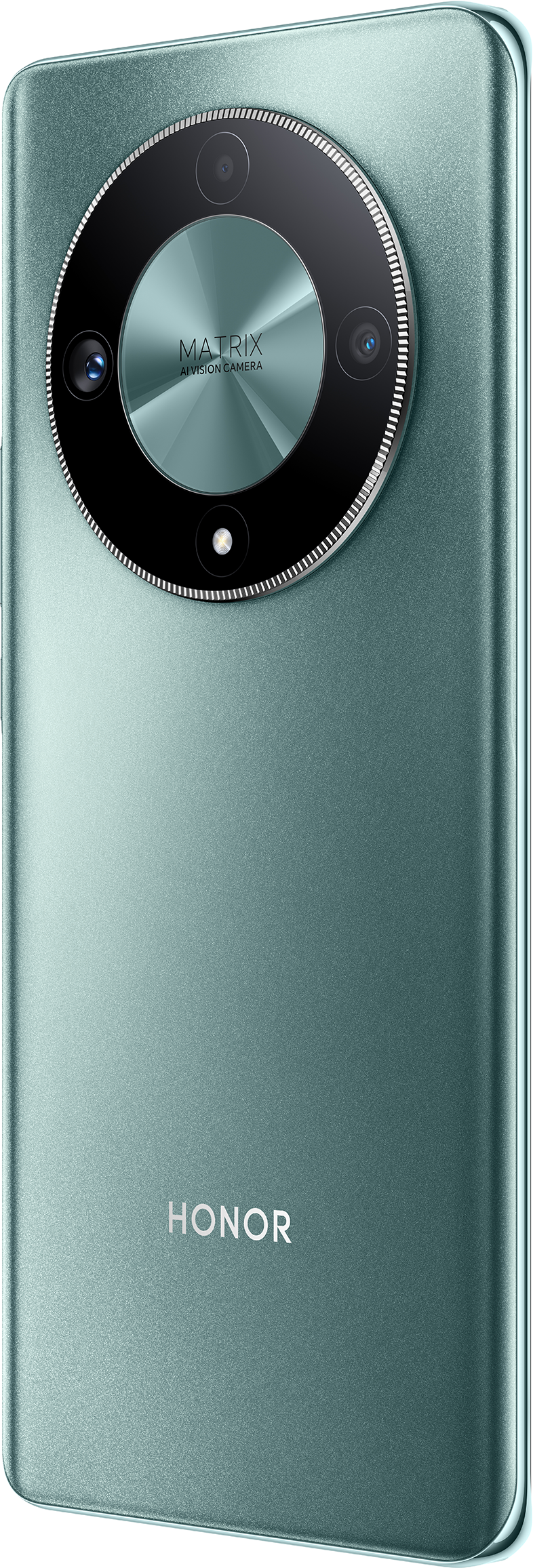 Türkiz Honor telefon hátlapja. Kerek kameramodul a "MATRIX AI VISION CAMERA" felirattal és a márka logójával, a "HONOR".
