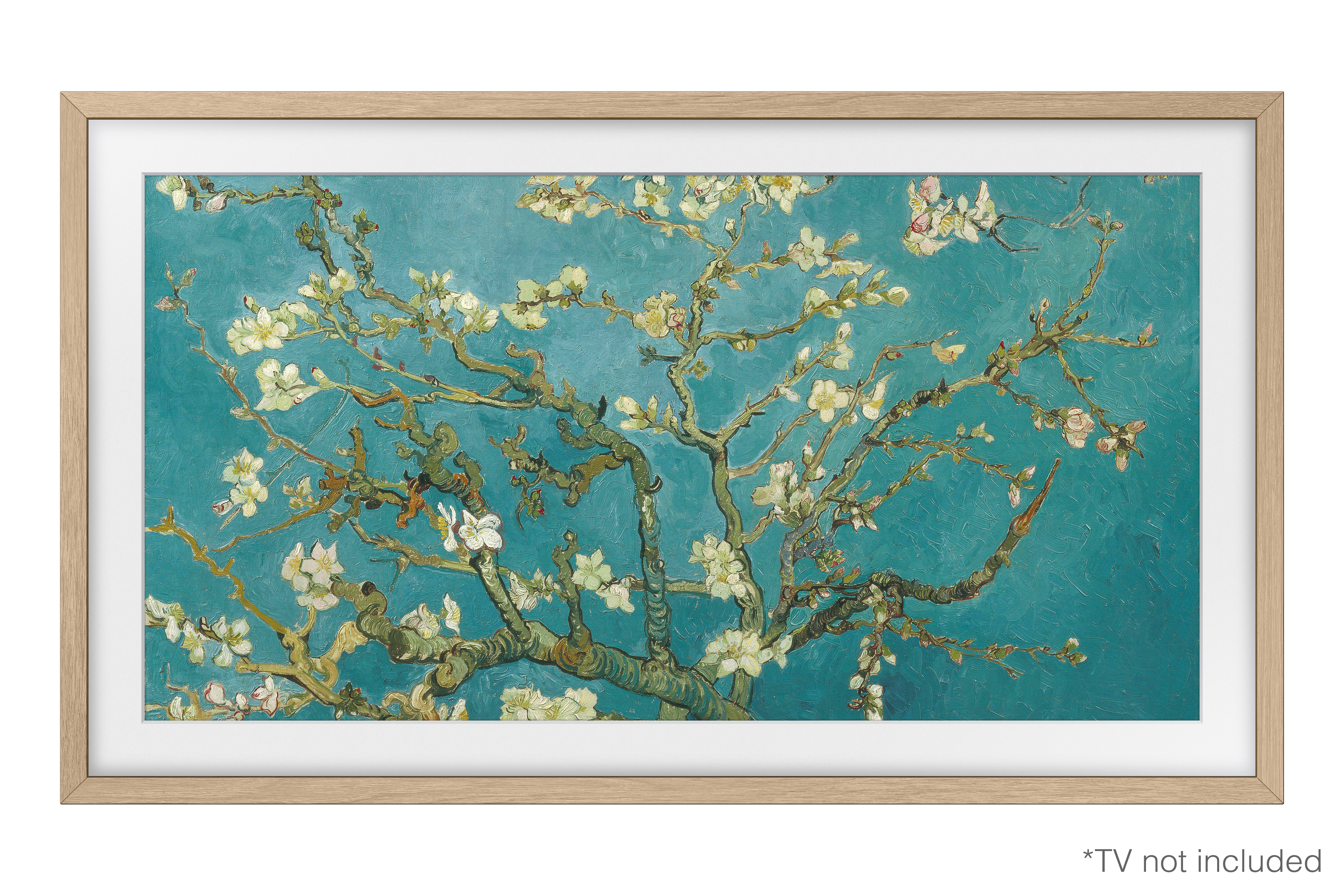 Una pintura de ramas de almendro en flor sobre un fondo turquesa.