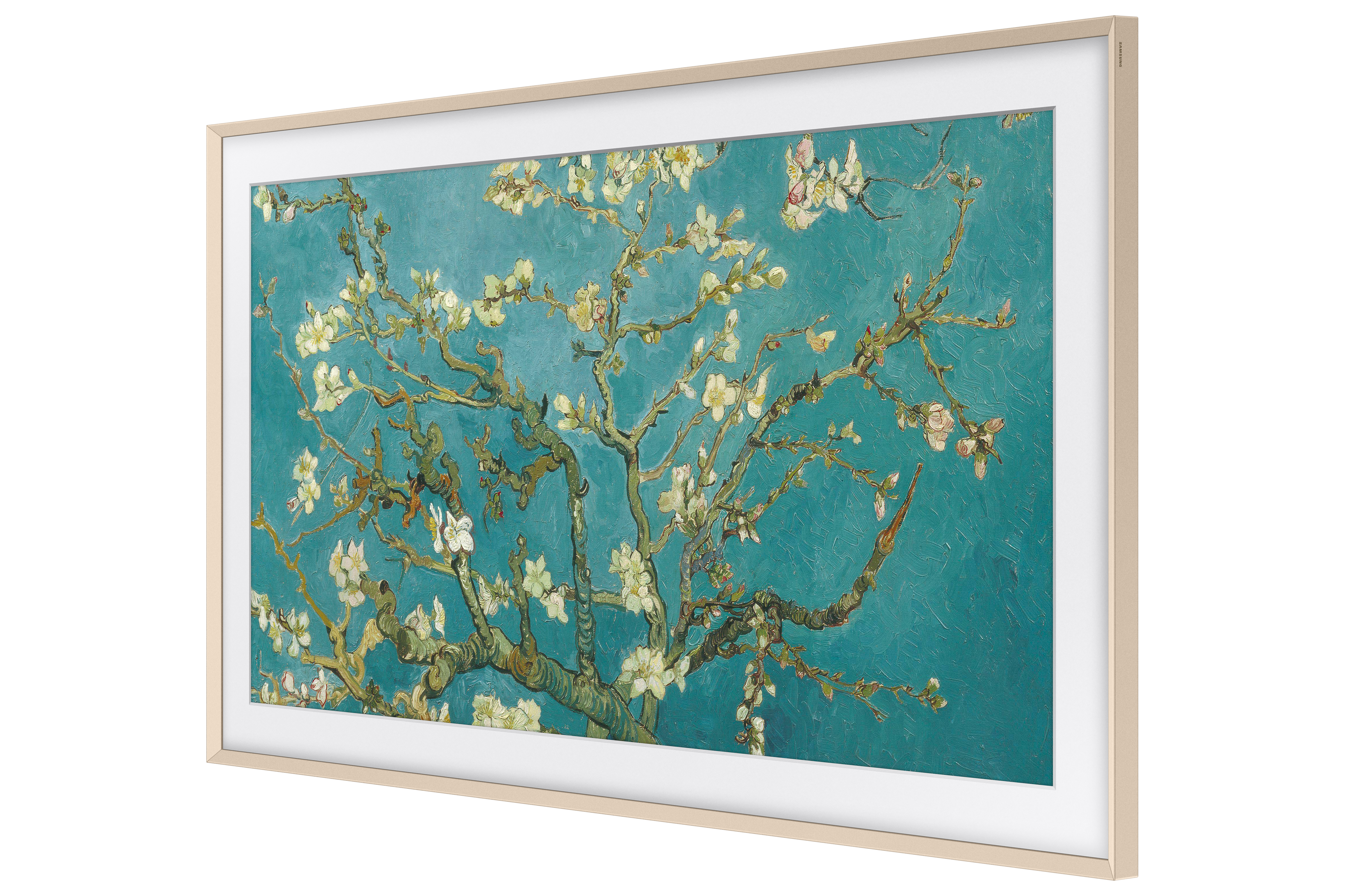 Pintura de almendros en flor sobre fondo turquesa.