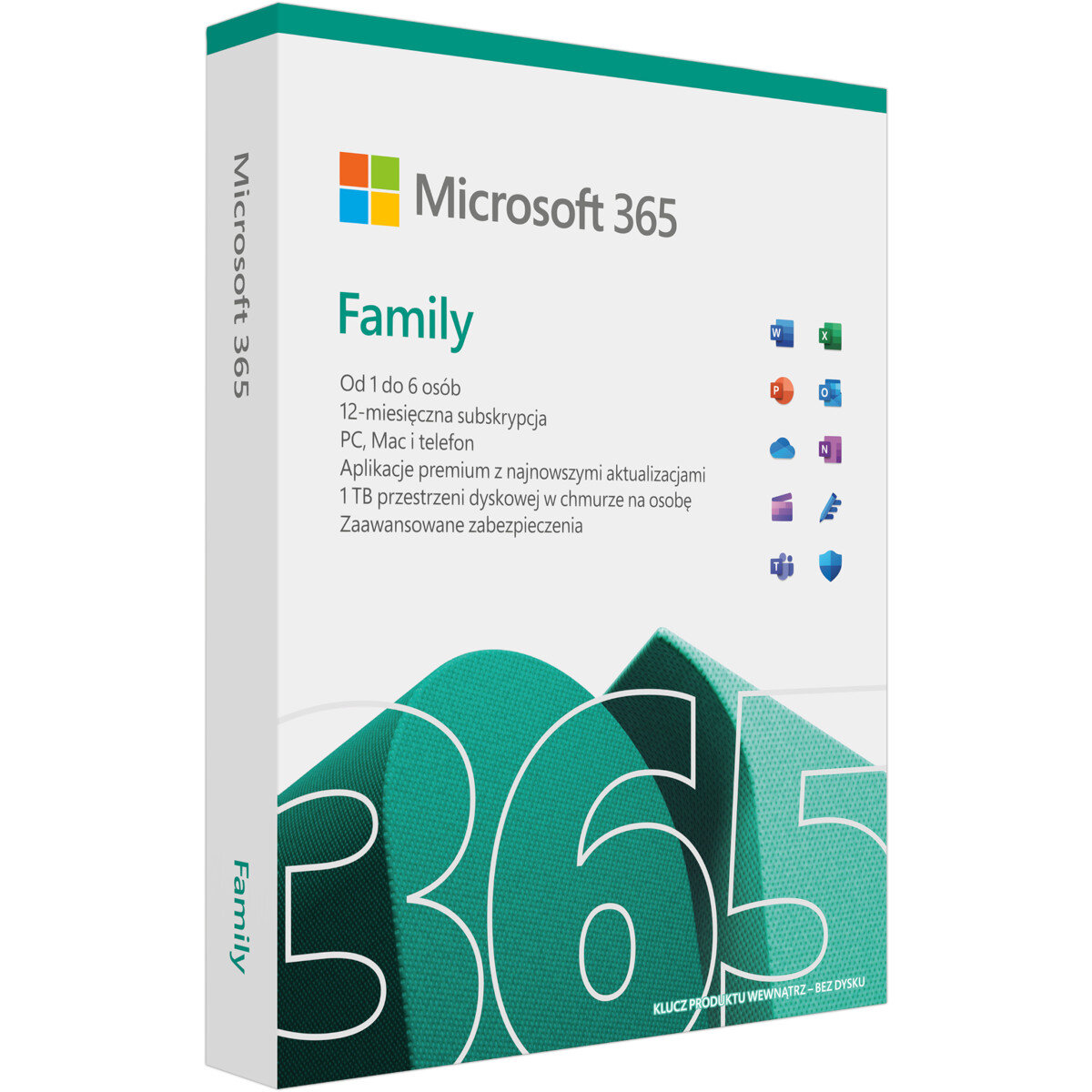 Pudełko Microsoft 365 Family, białe z tekstem i kolorowymi ikonami.