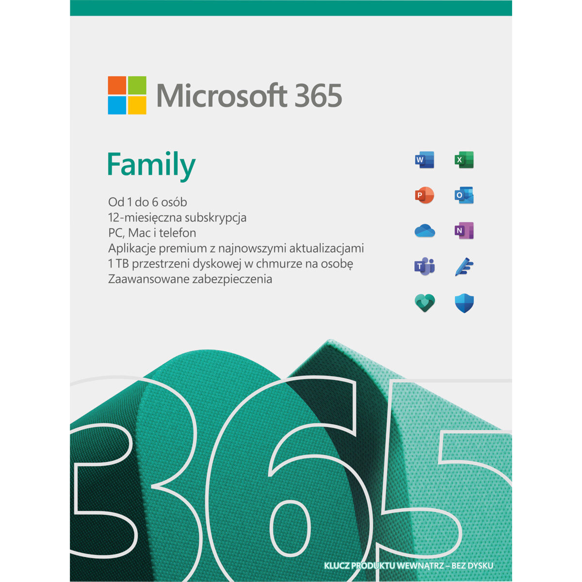 Pudełko Microsoft 365 Family. Zawiera logo, tekst i ikony oprogramowania.