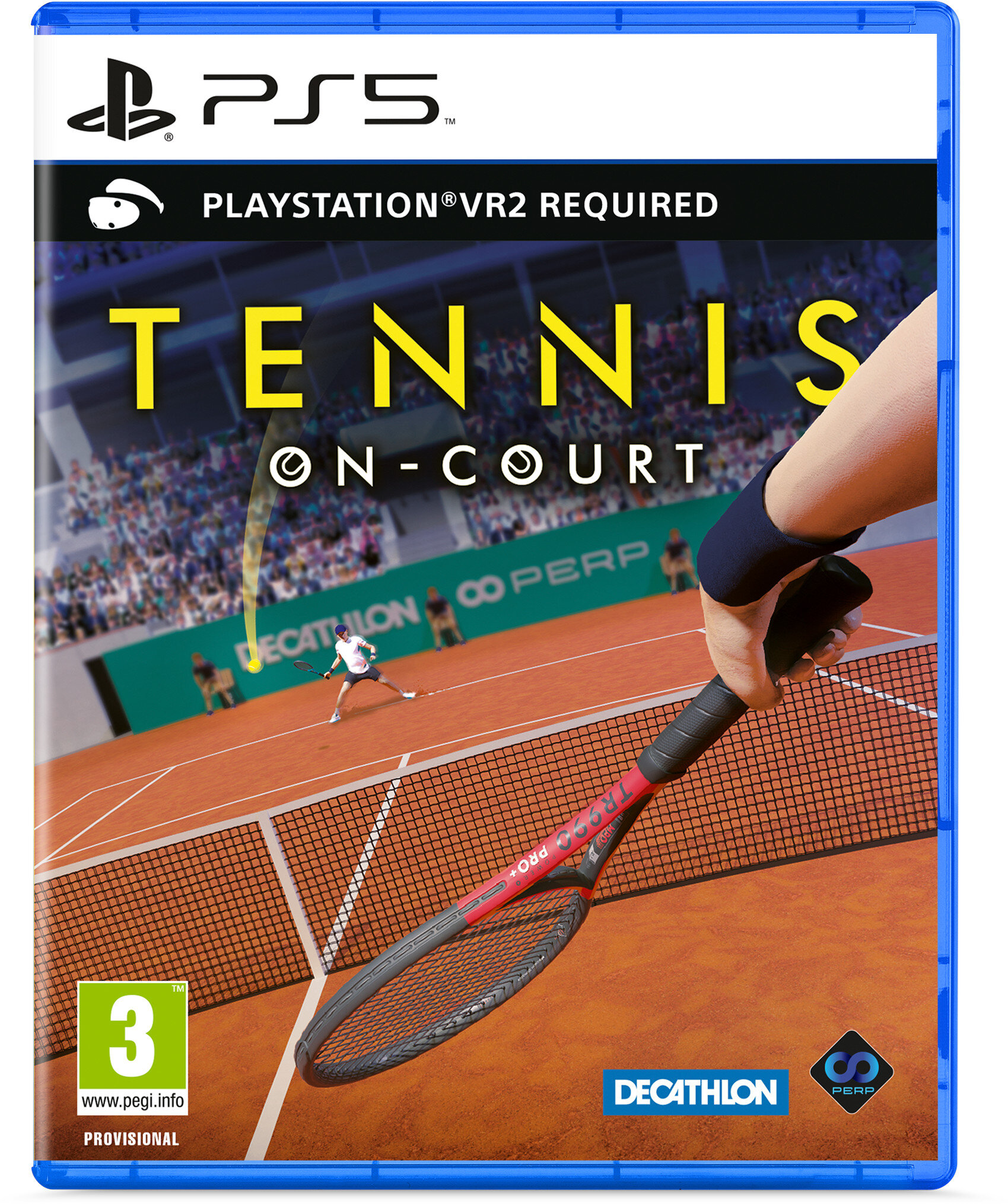 Pudełko z grą PS5, Tennis On-Court, z tenisistą i kortem tenisowym. Niebieska obwódka.