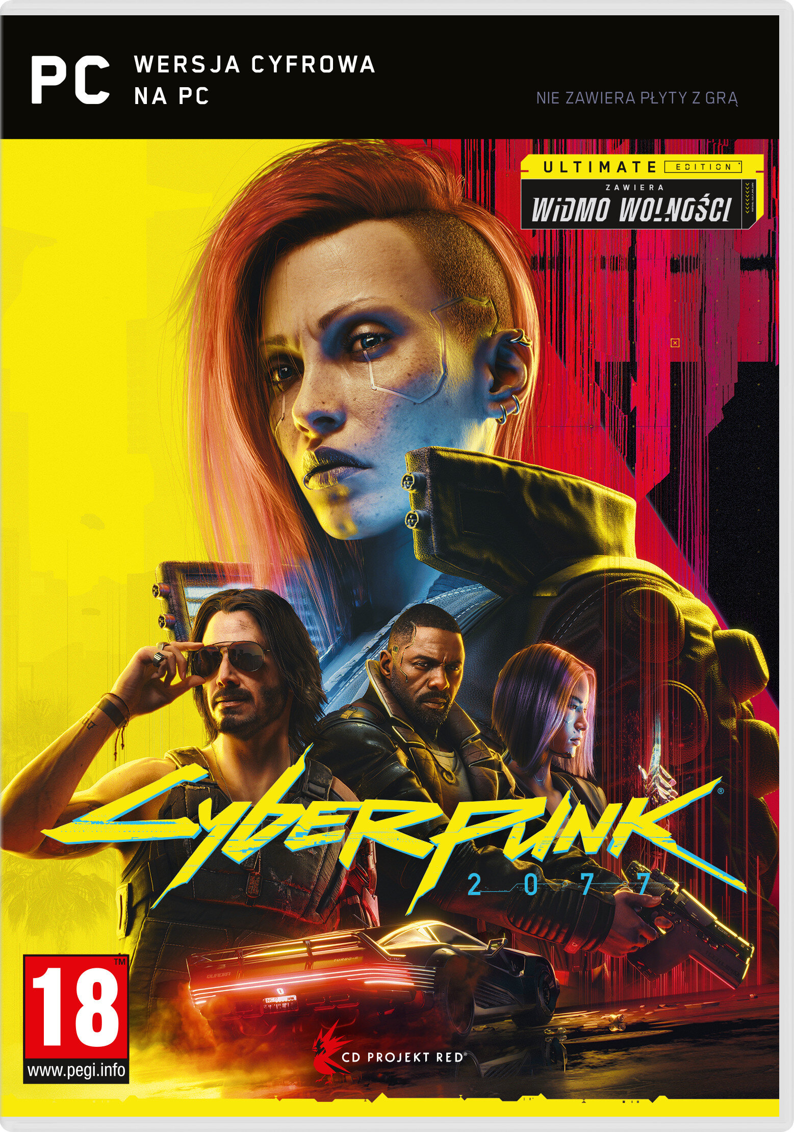 Okładka gry wideo: Cyberpunk 2077, z kobietą na pierwszym planie i trzema postaciami poniżej, czerwonym samochodem.