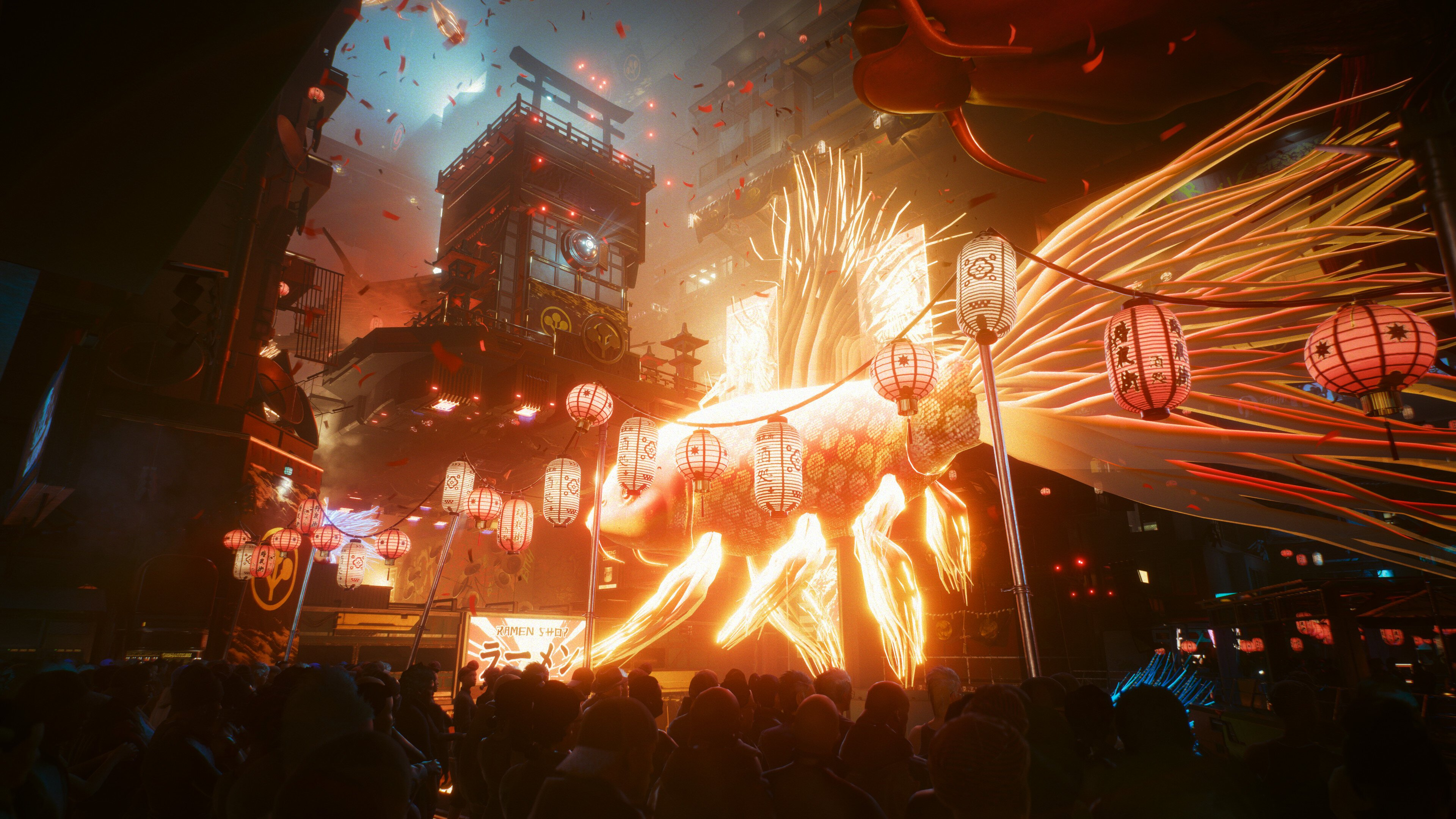 Scena nocna z tłumem, budynkami, lampionami i fajerwerkami w futurystycznym mieście.