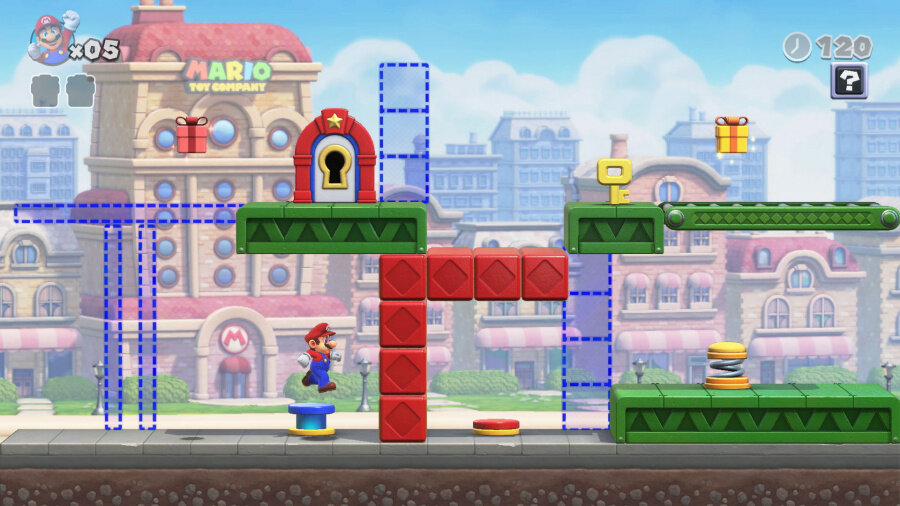 Mario w grze wideo. Skacze, z blokami i budynkami. Scena jest kolorowa, z niebieskim niebem.