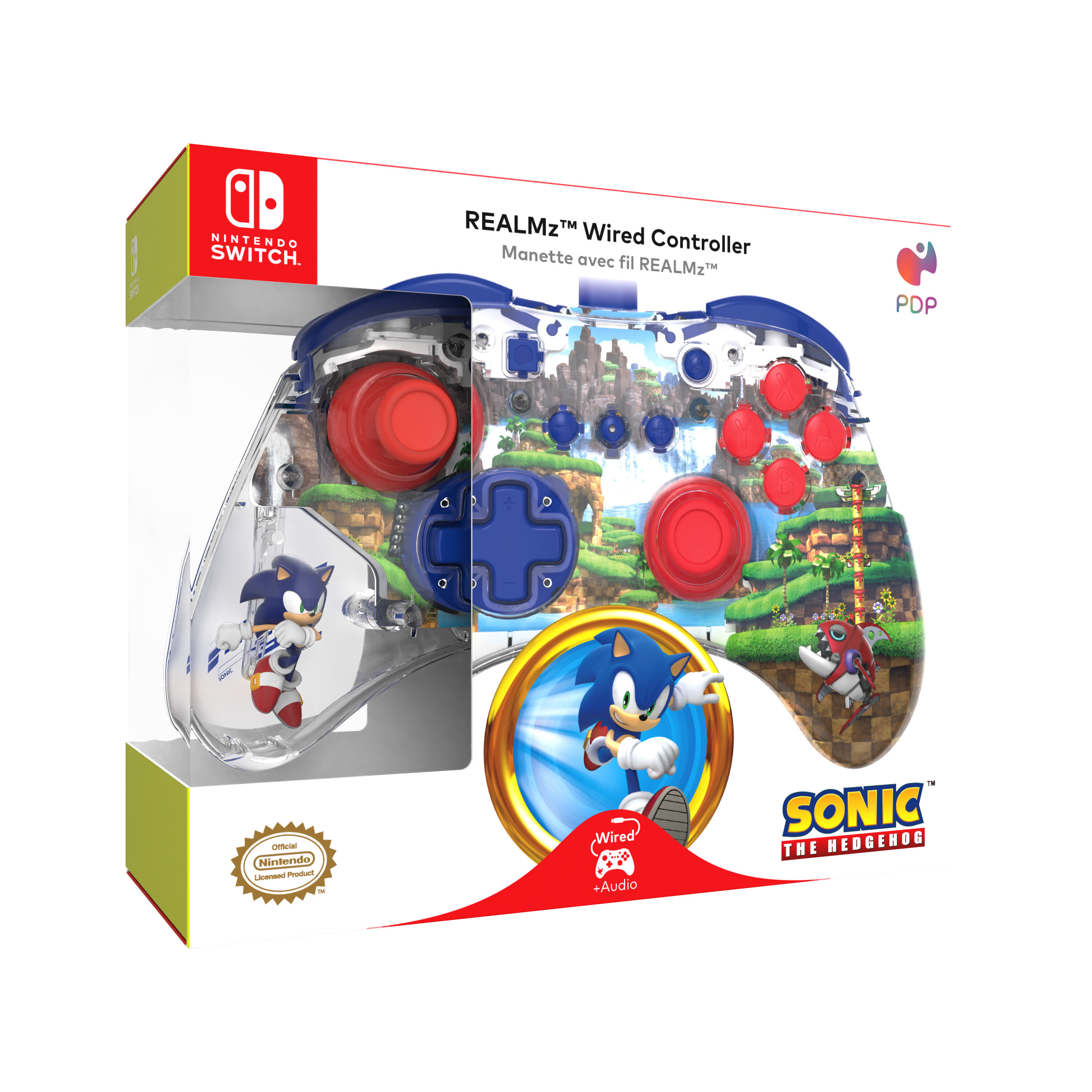 Przezroczyste pudełko kontrolera dla Nintendo Switch z grafiką Sonic the Hedgehog.