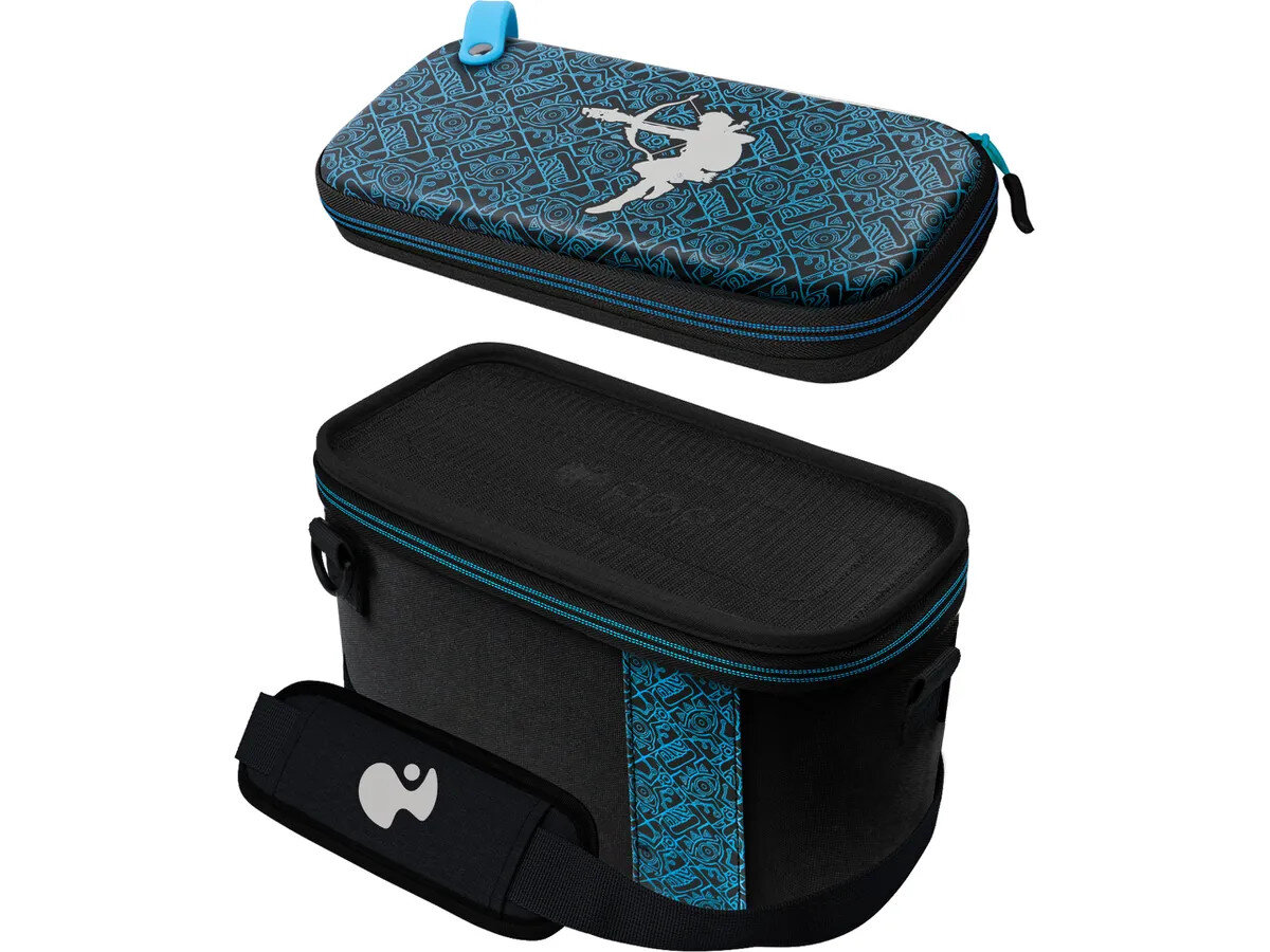 Dwie czarne i niebieskie torby. Jedna to etui, a druga to większa torba z paskiem.