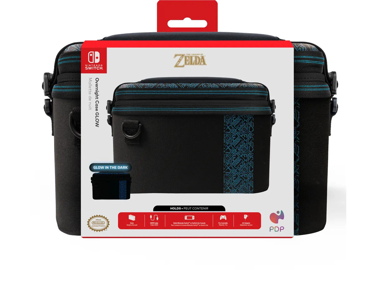 Czarny futerał na Nintendo Switch z motywem Zeldy, 'Overnight Case GLOW'. Zawiera świecące w ciemności detale i informacje o produkcie.