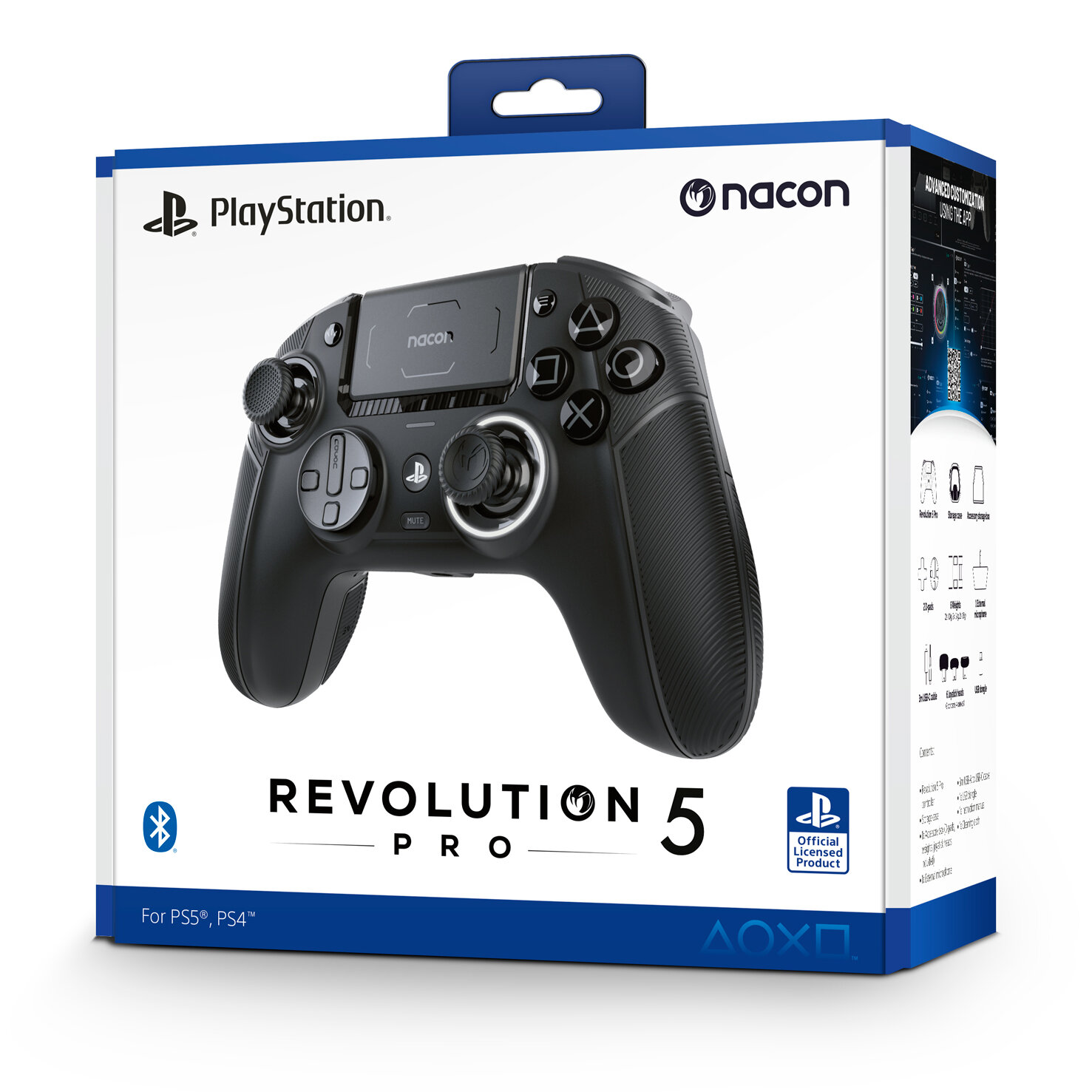 Czarny kontroler PlayStation Revolution 5 Pro w pudełku. Pudełko jest biało-niebieskie, z logo PlayStation i Nacon.