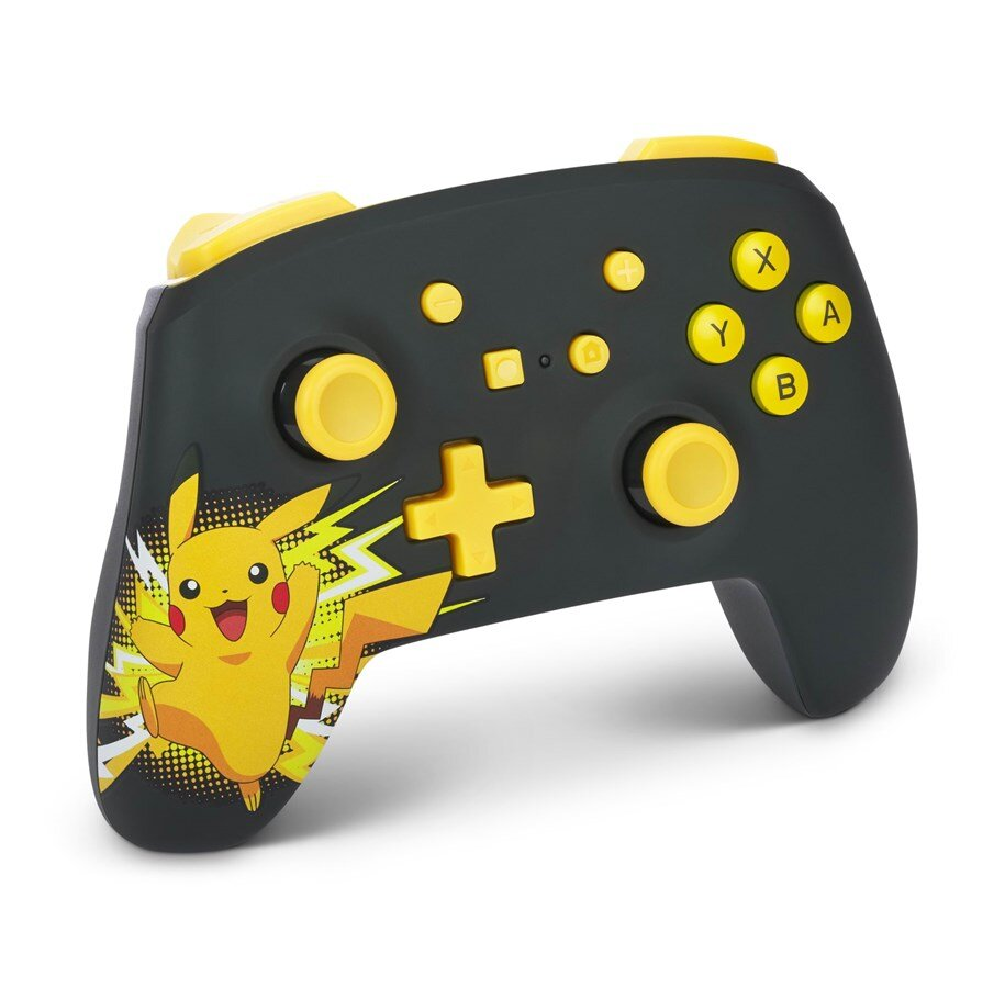 Kontroler Nintendo Switch z motywem Pikachu z żółtymi przyciskami i detalami na czarnym tle.