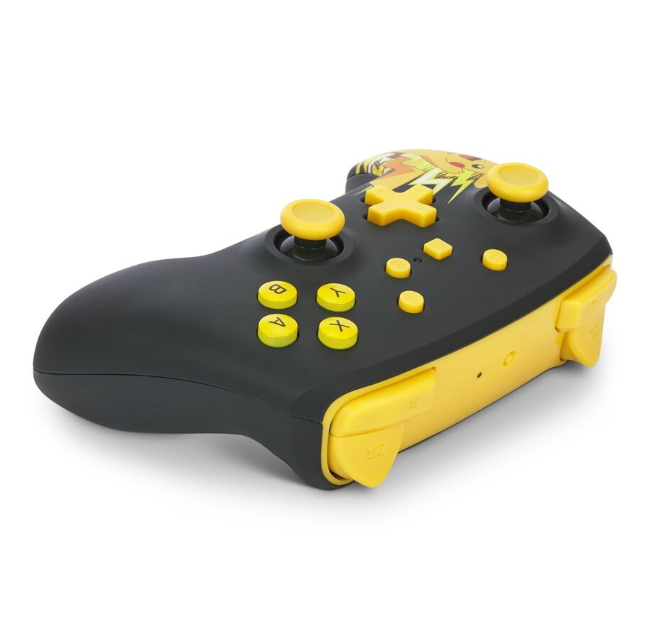 Czarny i żółty kontroler Nintendo Switch, w tematyce Pikachu.